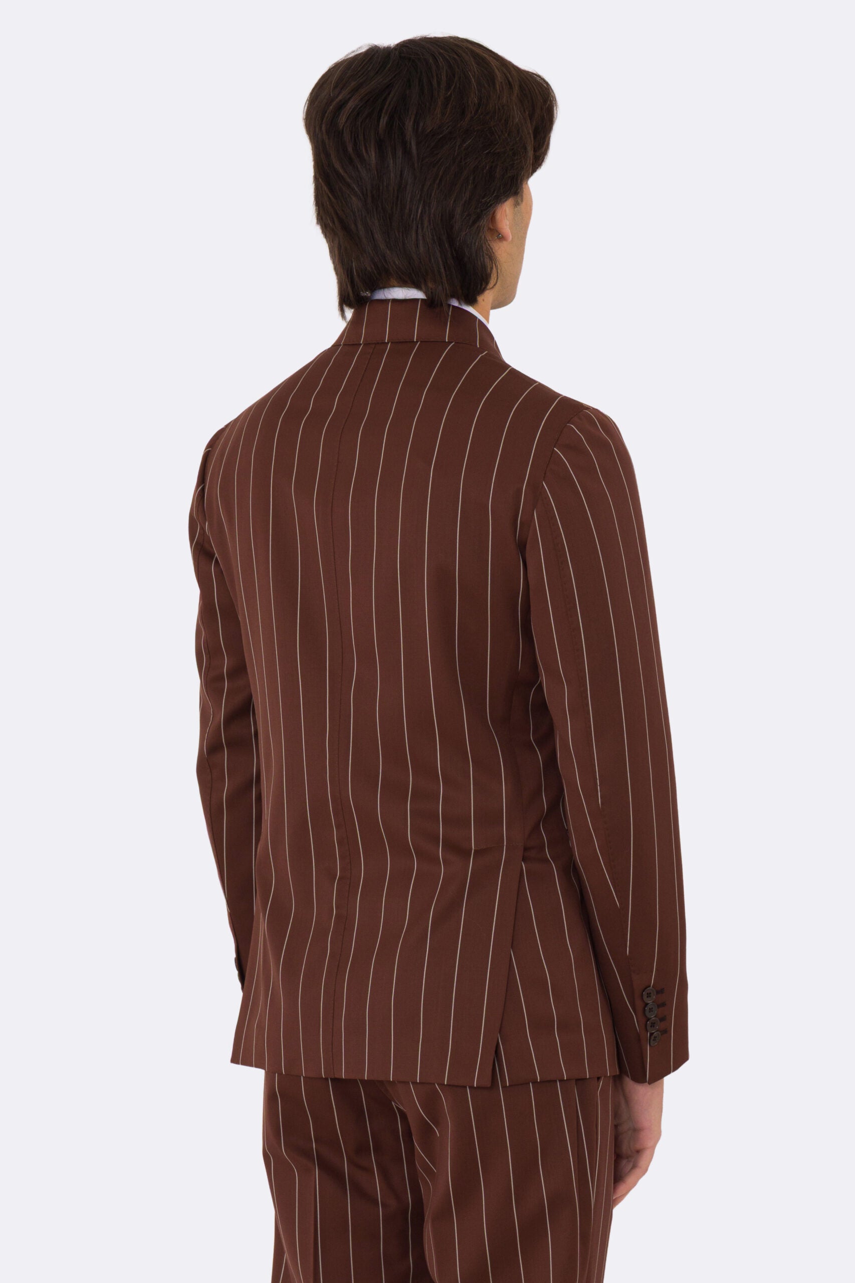 Abito uomo Doppiopetto Coccio gessato fresco lana super 130's Double Twisted Tessuti Ariston Napoli completamente sfoderato con Rever a lancia e tasche a filetto