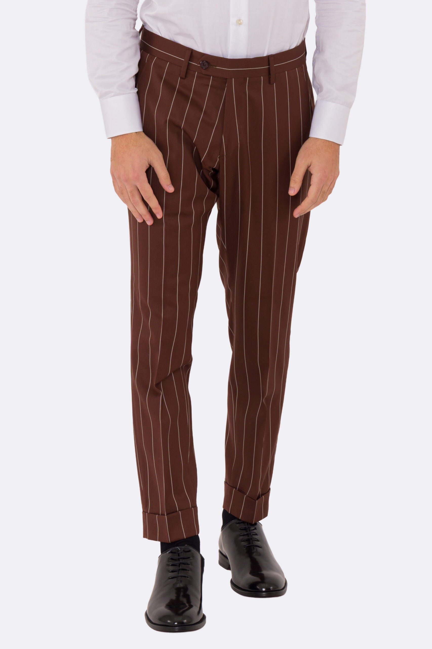 Abito uomo Doppiopetto Coccio gessato fresco lana super 130's Double Twisted Tessuti Ariston Napoli completamente sfoderato con Rever a lancia e tasche a filetto
