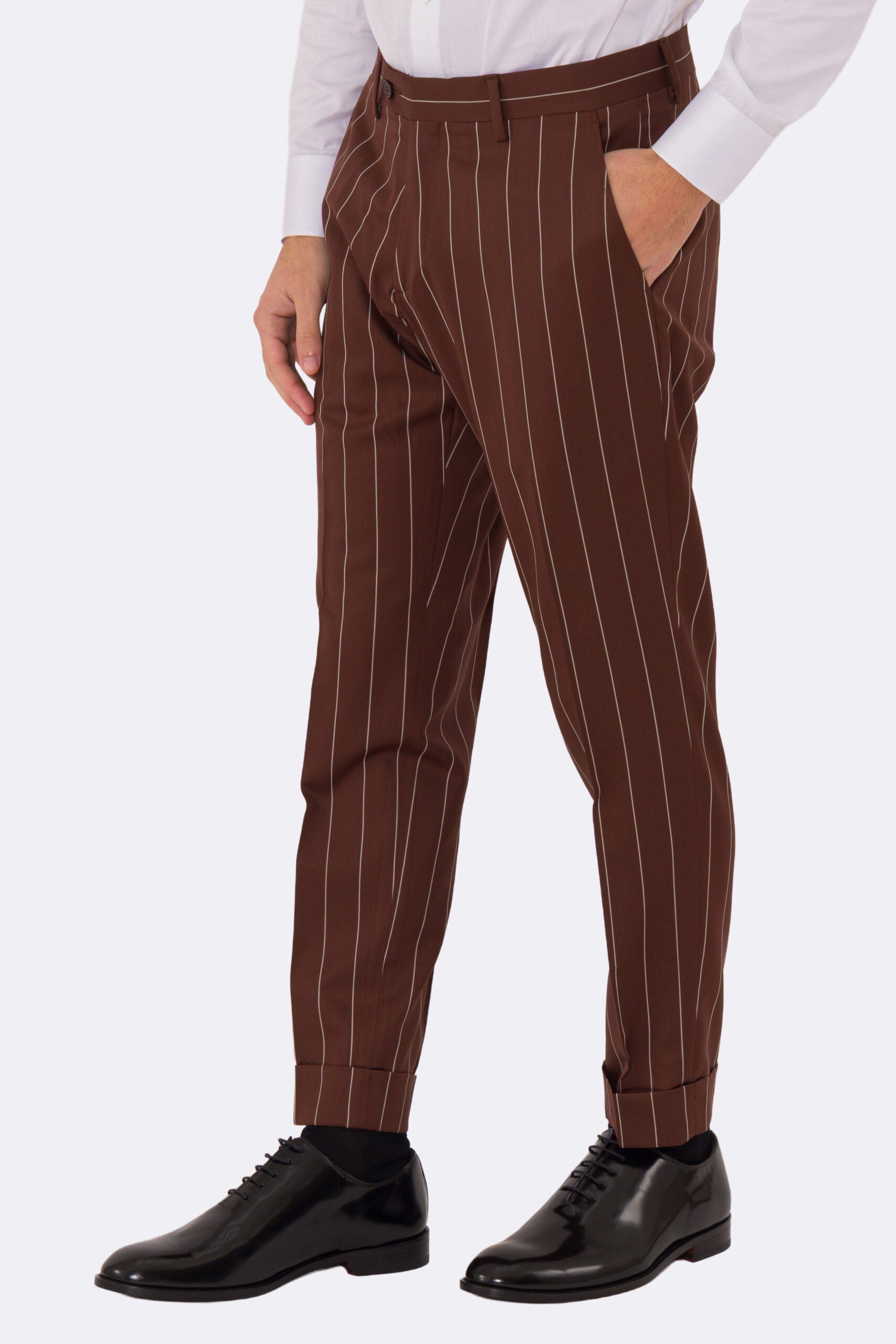 Abito uomo Doppiopetto Coccio gessato fresco lana super 130's Double Twisted Tessuti Ariston Napoli completamente sfoderato con Rever a lancia e tasche a filetto