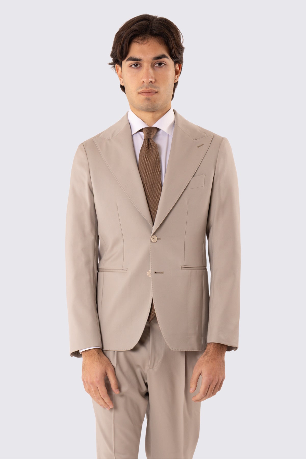 Abito uomo monopetto beige fresco lana super 130's  TessutiVitale Barberis Canonico completamente sfoderato con Rever a lancia e tasche a filetto
