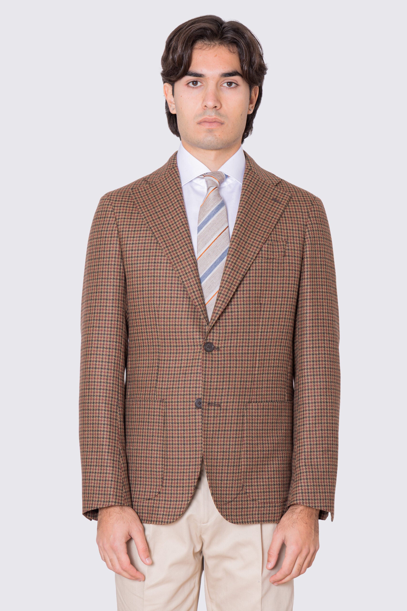 Giacca da uomo beige Monopetto fantasia Quadri verde e bordeaux in lana flanella Bristol tessuti napoli sfoderata Rever a lancia tasche a filo