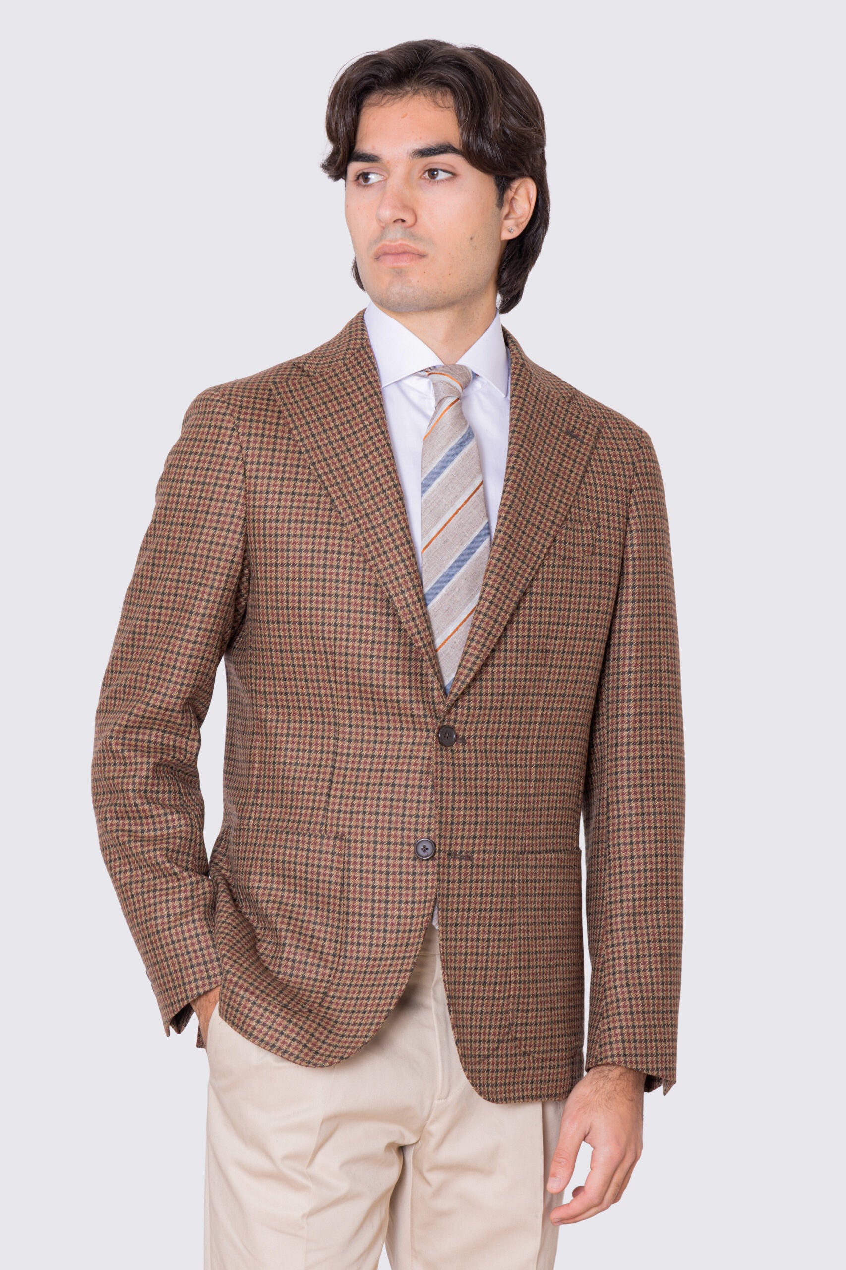 Giacca da uomo beige Monopetto fantasia Quadri verde e bordeaux in lana flanella Bristol tessuti napoli sfoderata Rever a lancia tasche a filo