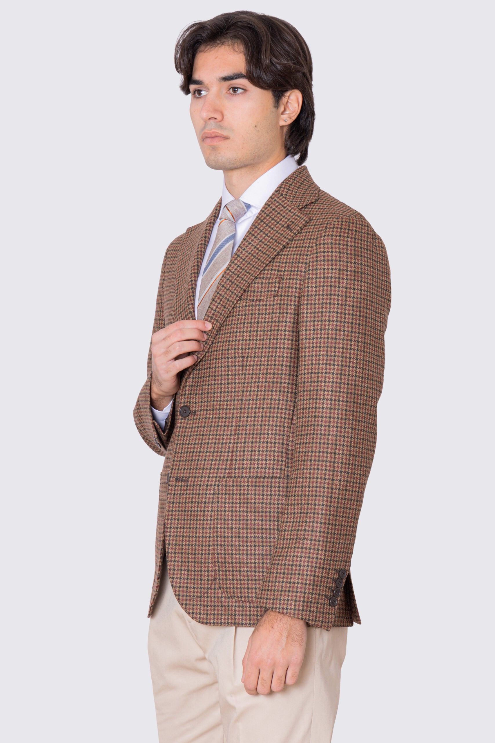 Giacca da uomo beige Monopetto fantasia Quadri verde e bordeaux in lana flanella Bristol tessuti napoli sfoderata Rever a lancia tasche a filo