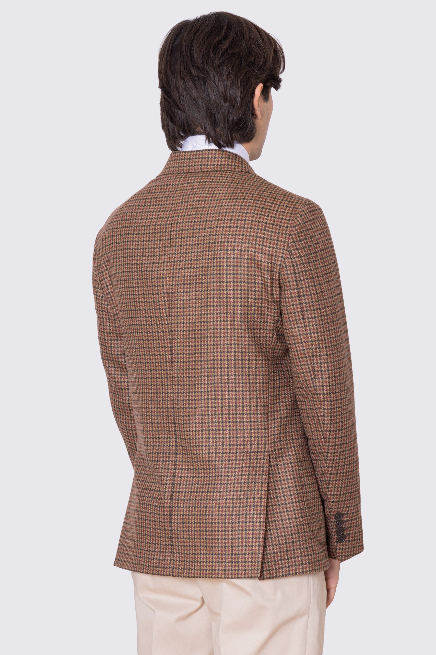 Giacca da uomo beige Monopetto fantasia Quadri verde e bordeaux in lana flanella Bristol tessuti napoli sfoderata Rever a lancia tasche a filo