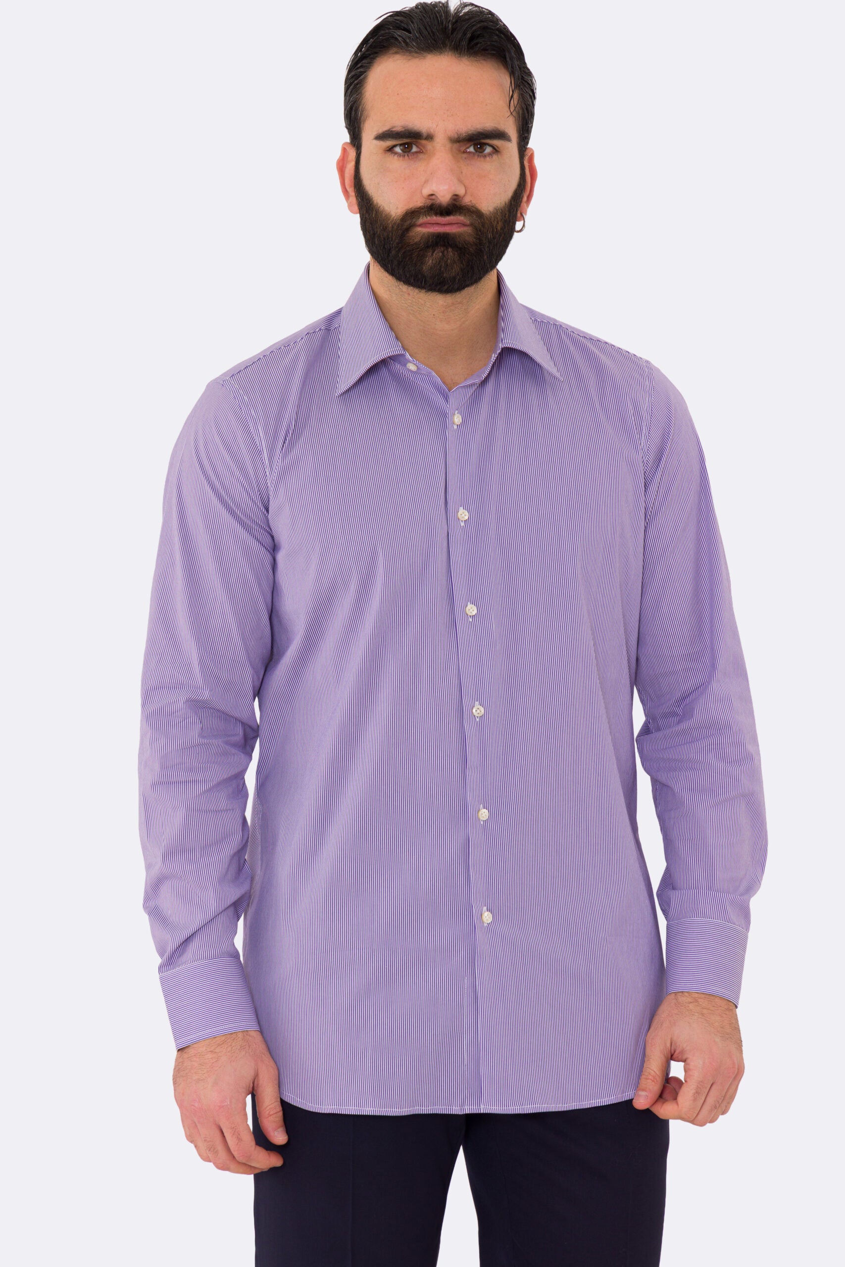 Camicia Uomo viola millerighe in cotone elastico collo italiano con cucitura all'inglese Regular Fit Tinta unita