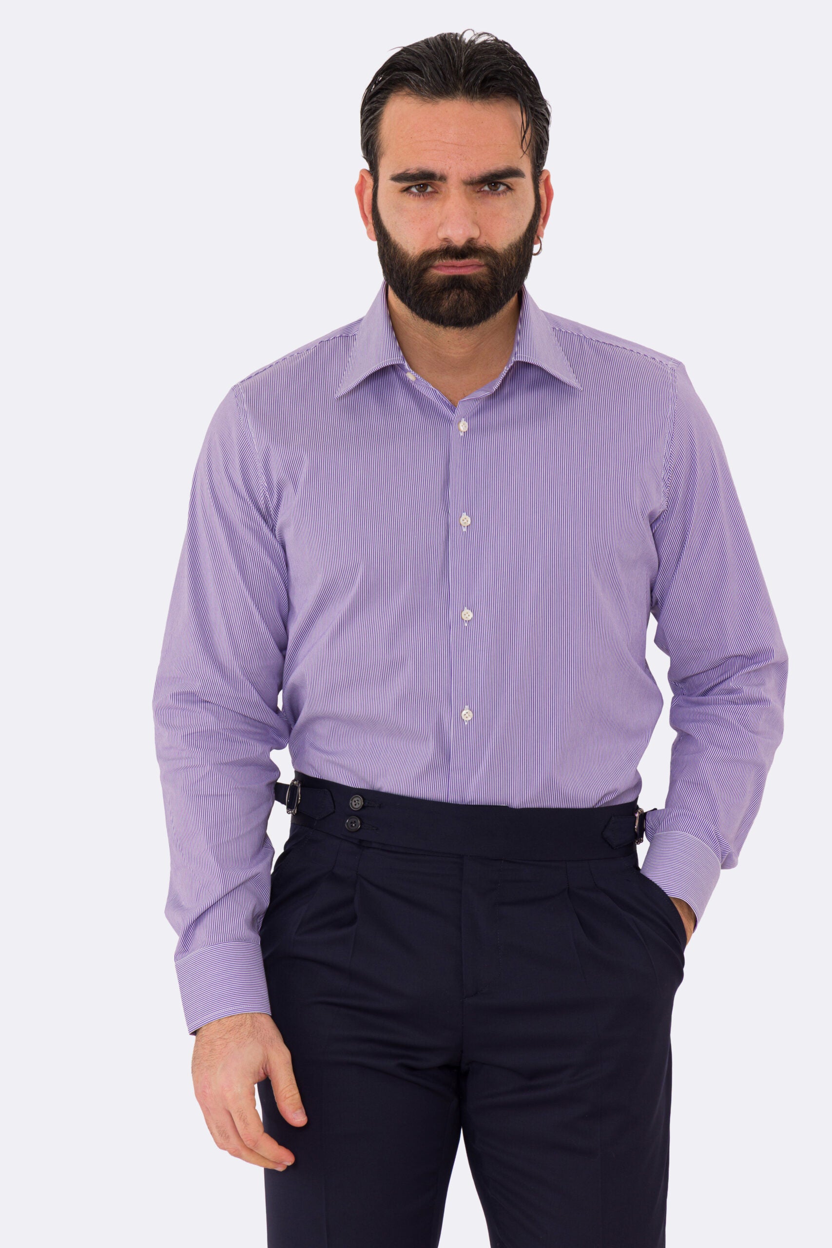 Camicia Uomo viola millerighe in cotone elastico collo italiano con cucitura all'inglese Regular Fit Tinta unita