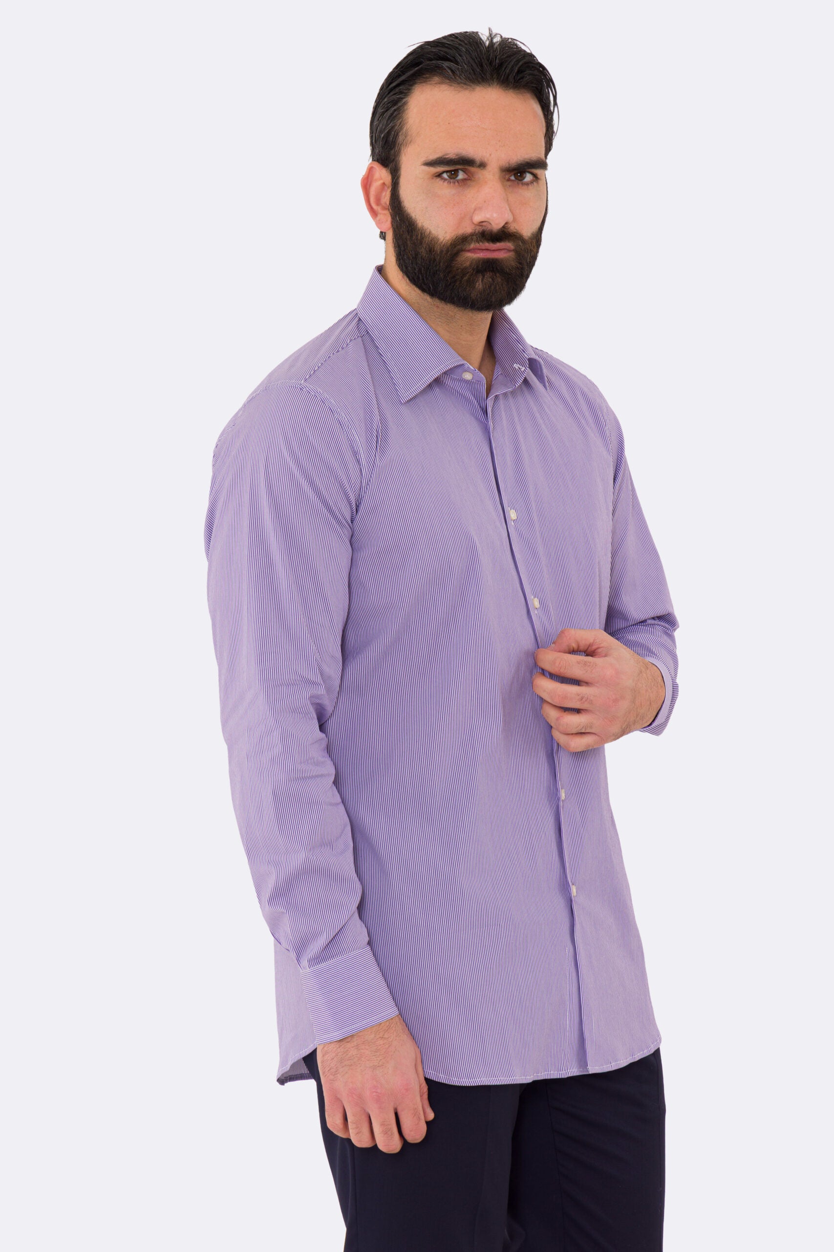 Camicia Uomo viola millerighe in cotone elastico collo italiano con cucitura all'inglese Regular Fit Tinta unita