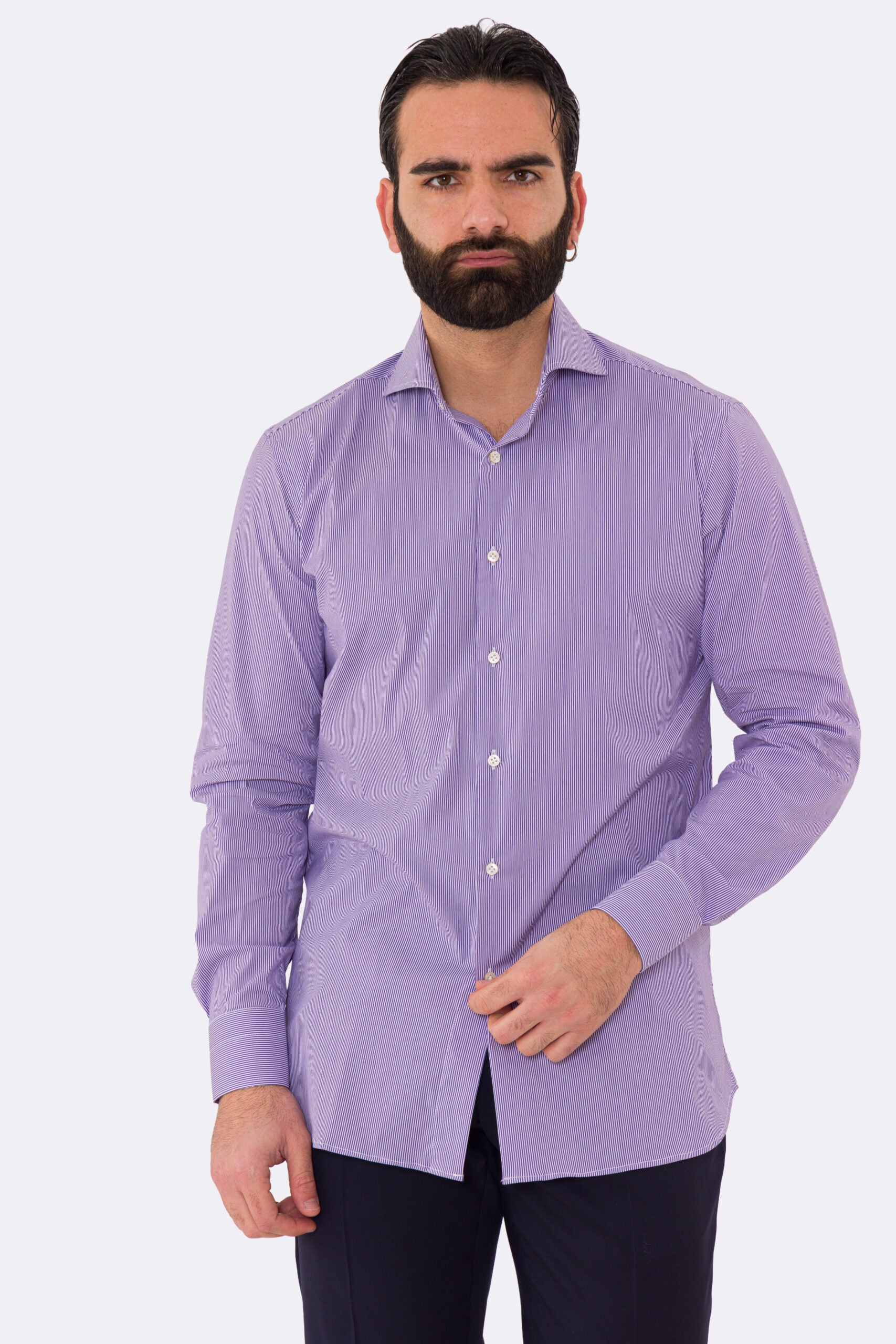Camicia Uomo viola millerighe in cotone elastico collo Francese con cucitura all'inglese regular Fit Tinta unita