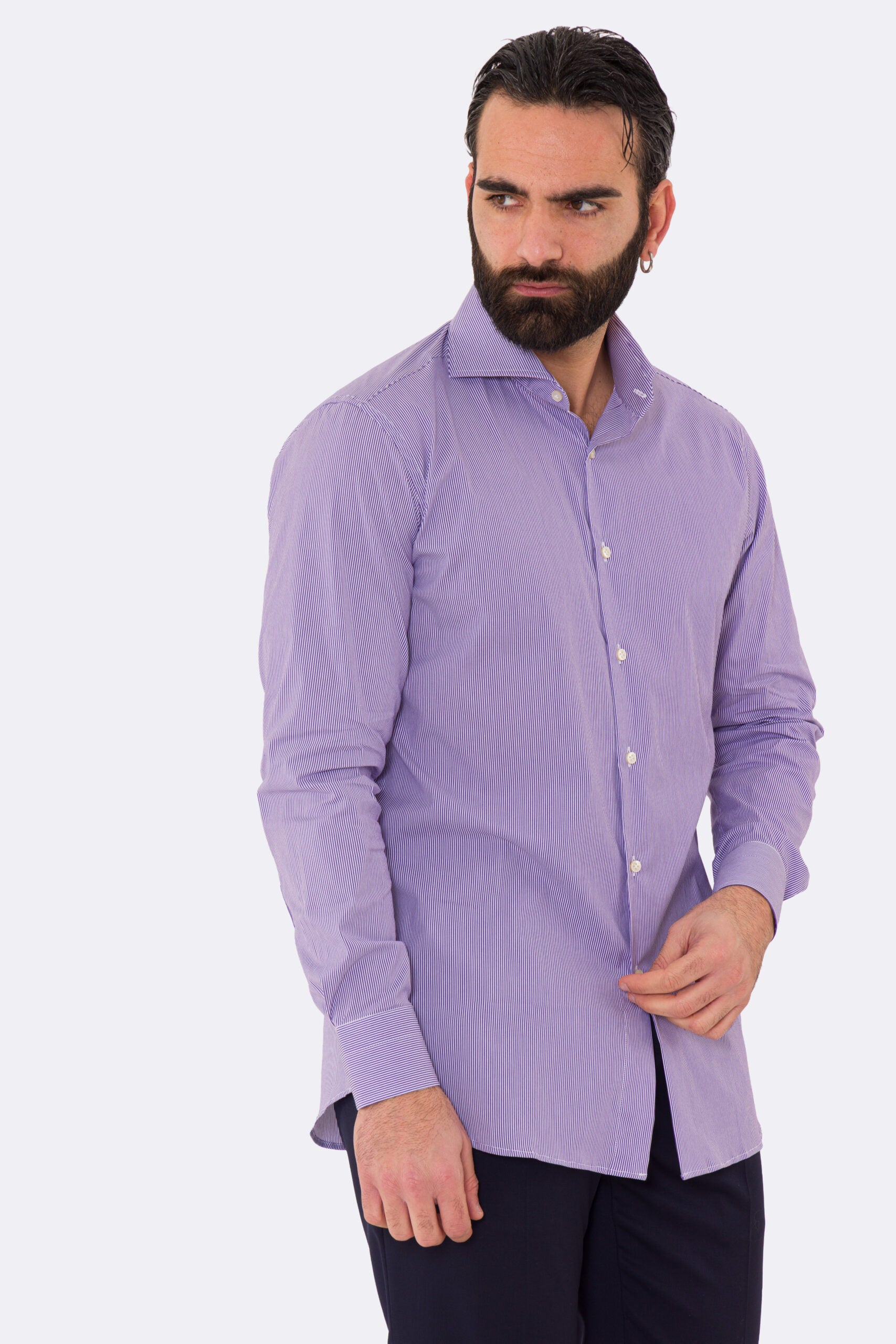 Camicia Uomo viola millerighe in cotone elastico collo Francese con cucitura all'inglese regular Fit Tinta unita