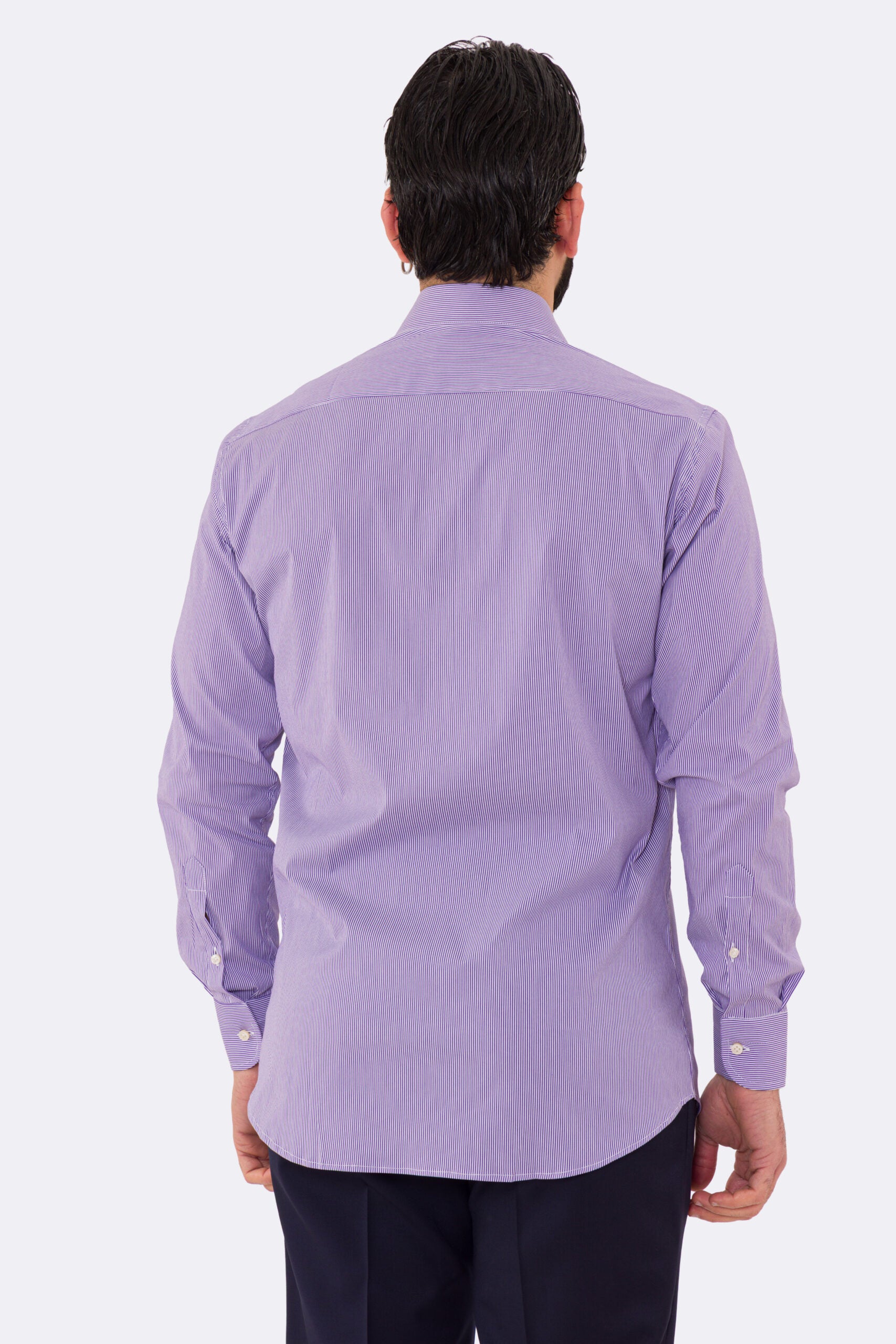 Camicia Uomo viola millerighe in cotone elastico collo Francese con cucitura all'inglese regular Fit Tinta unita