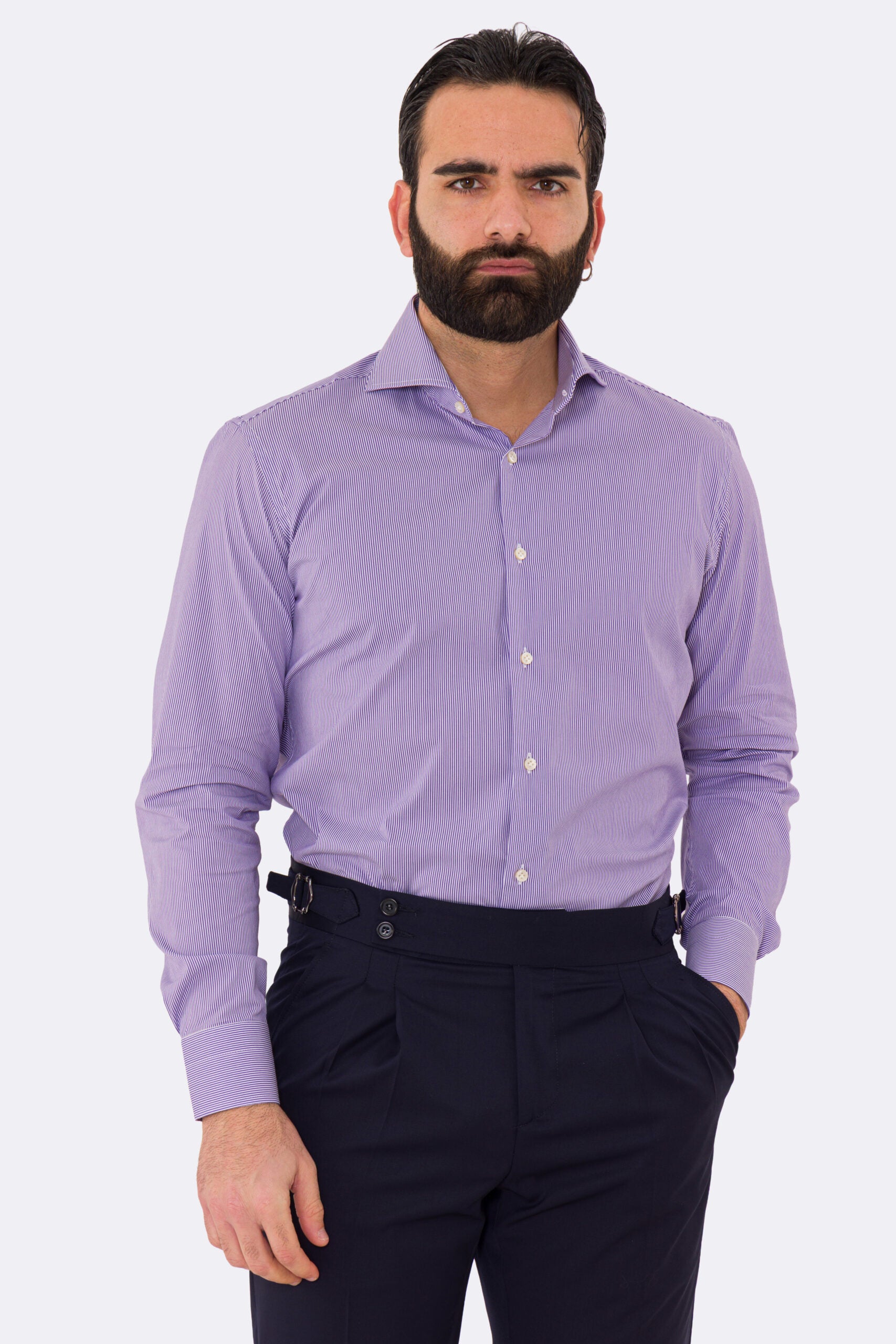 Camicia Uomo viola millerighe in cotone elastico collo Francese con cucitura all'inglese regular Fit Tinta unita