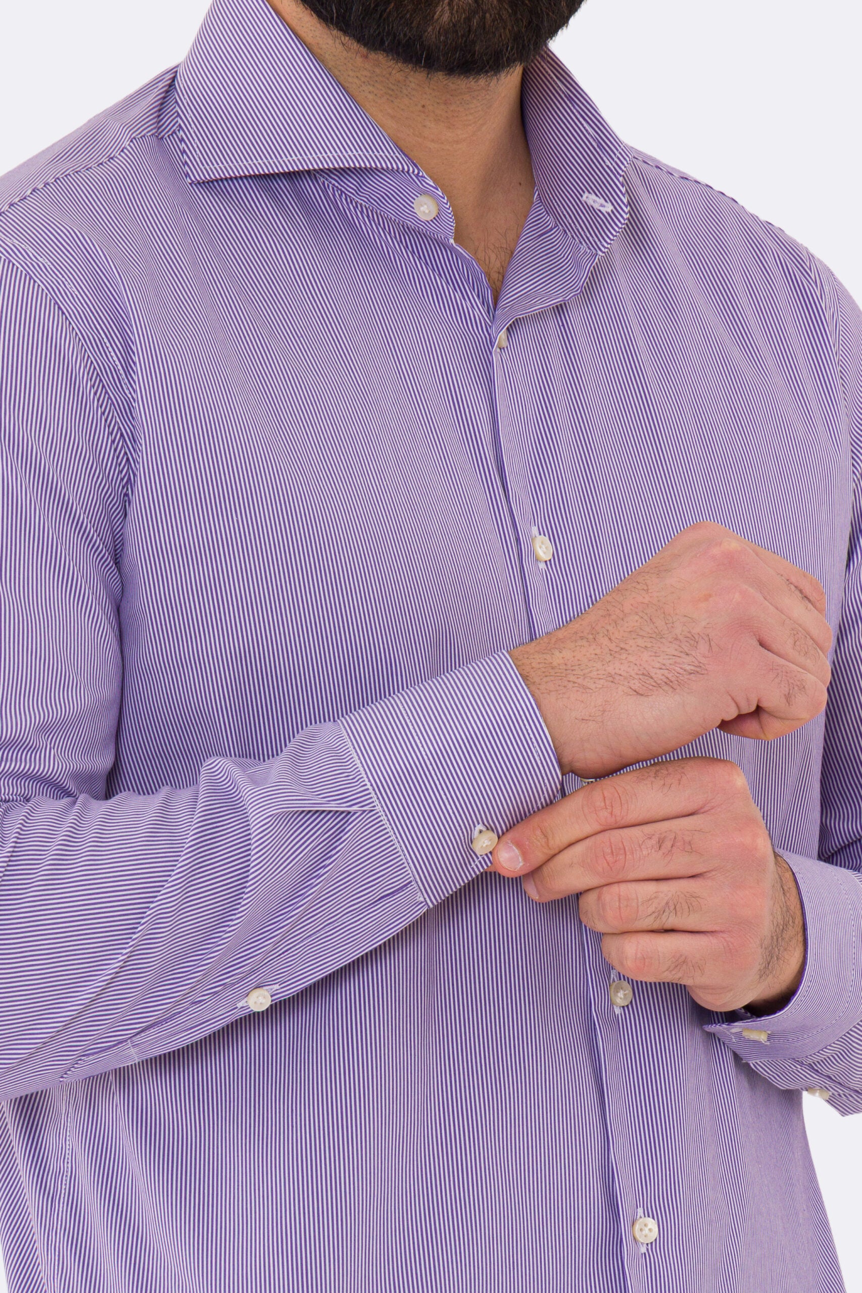 Camicia Uomo viola millerighe in cotone elastico collo Francese con cucitura all'inglese regular Fit Tinta unita