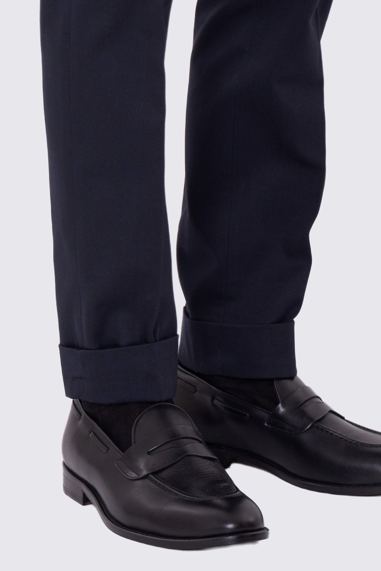 Pantalone uomo blu notte vita alta con fibbie laterali e doppia pinces tasca america in cotone 290gr invernale risvolto 5cm made in italy