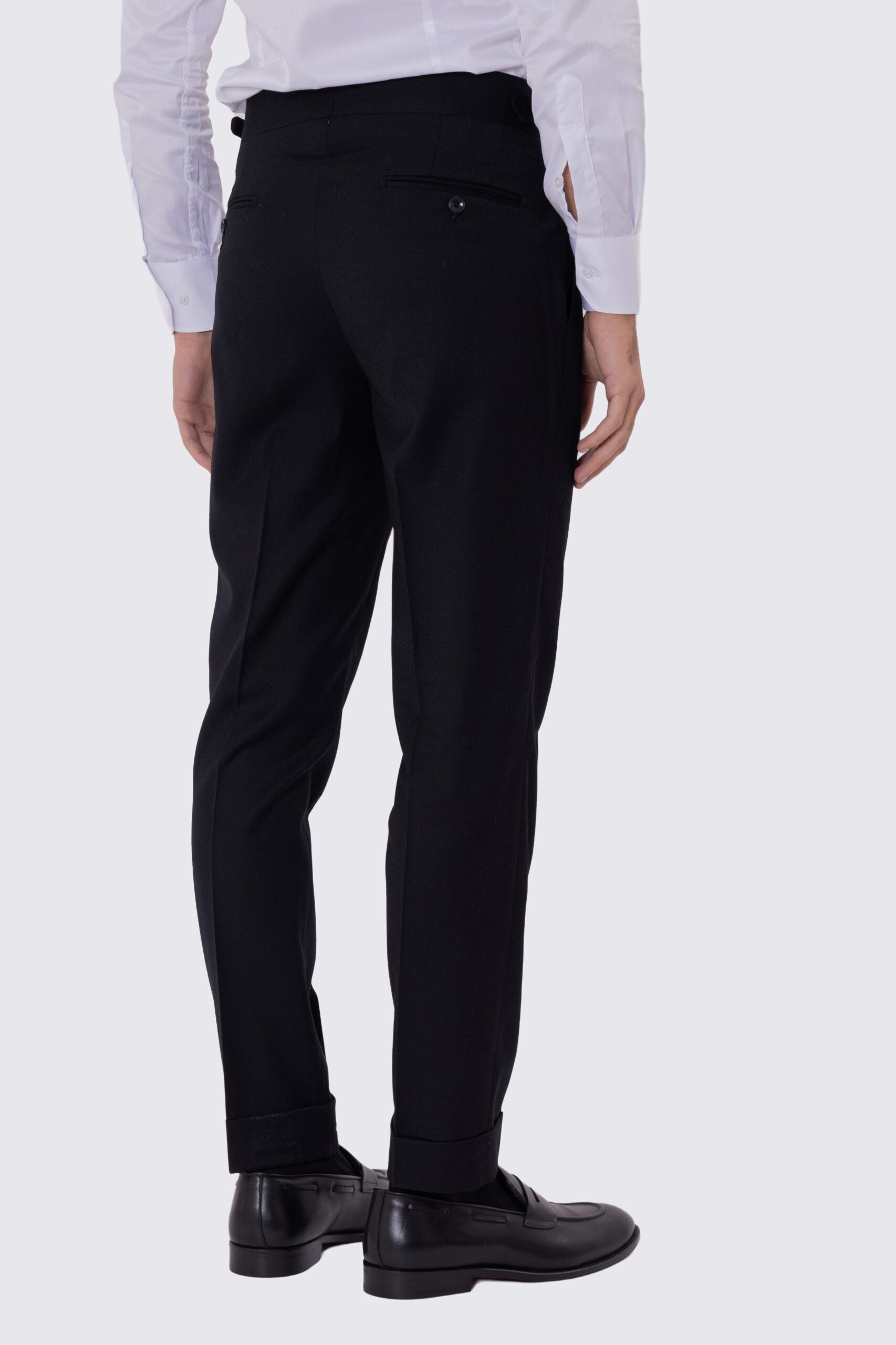 Pantalone uomo nero vita alta con fibbie laterali e doppia pinces tasca america in cotone 290gr invernale risvolto 5cm made in italy