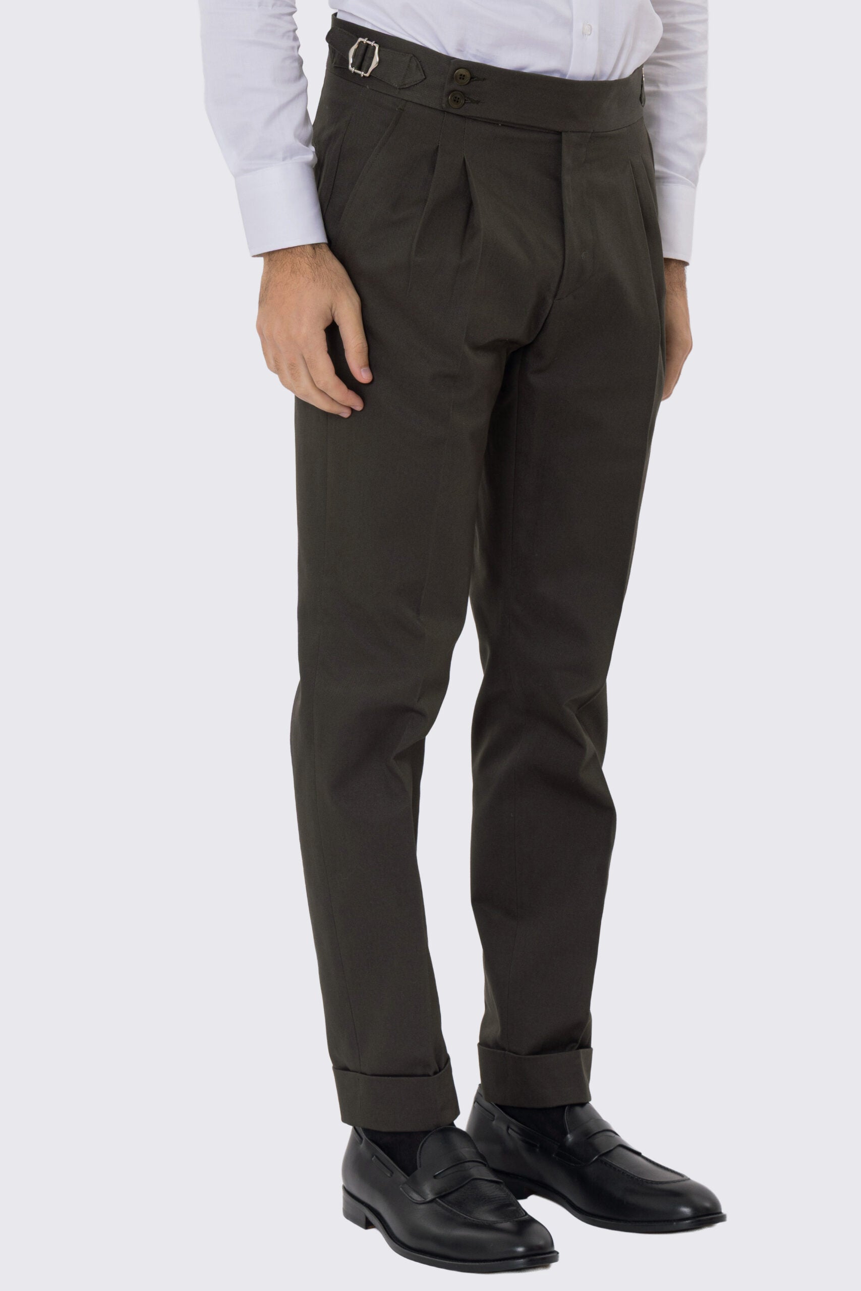 Pantalone uomo Verde militare vita alta con fibbie laterali e doppia pinces tasca america in cotone 290gr invernale risvolto 5cm made in italy