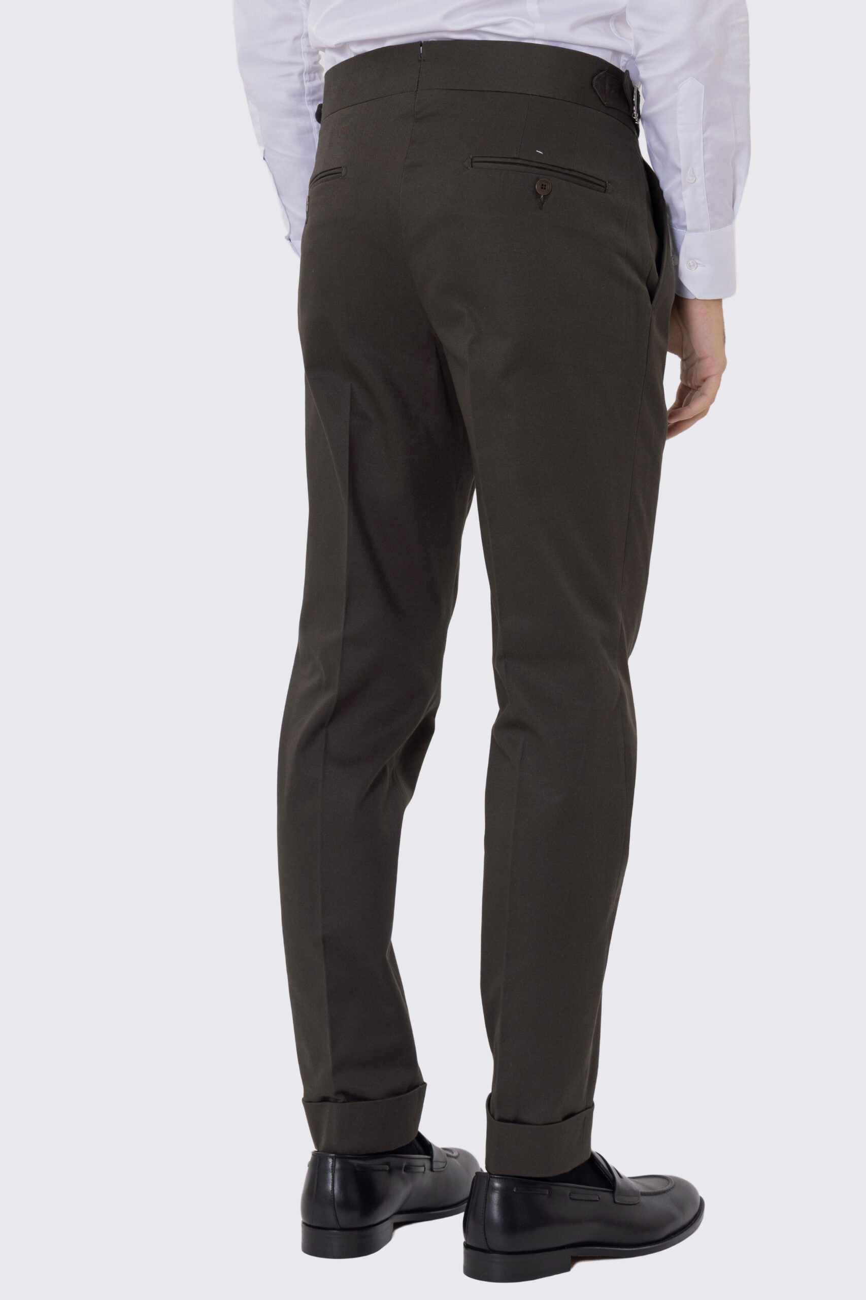 Pantalone uomo Verde militare vita alta con fibbie laterali e doppia pinces tasca america in cotone 290gr invernale risvolto 5cm made in italy