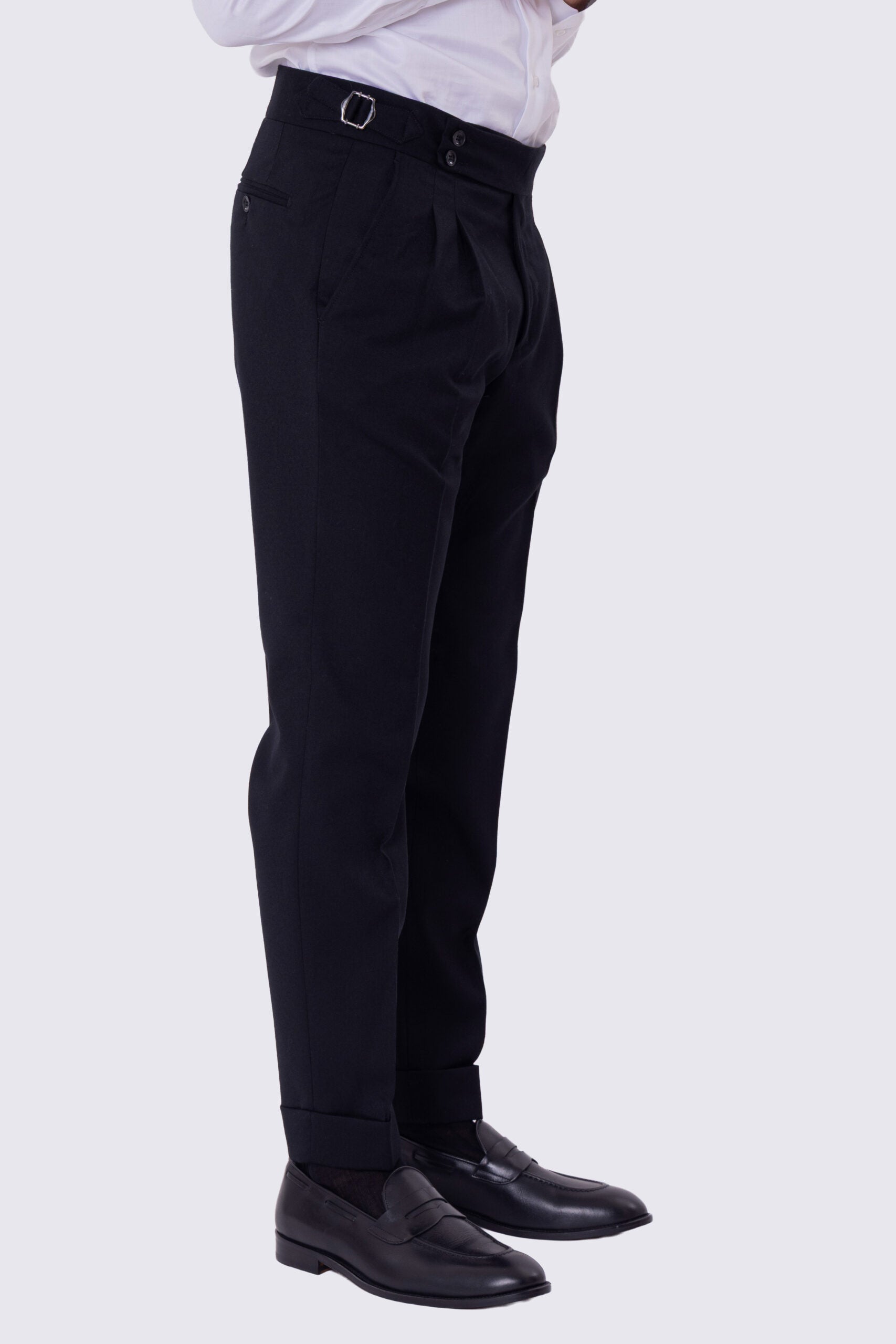 Pantalone uomo blu vita alta con fibbie laterali e doppia pinces tasca america in lana flanella mista 290gr invernale risvolto 5cm made in italy