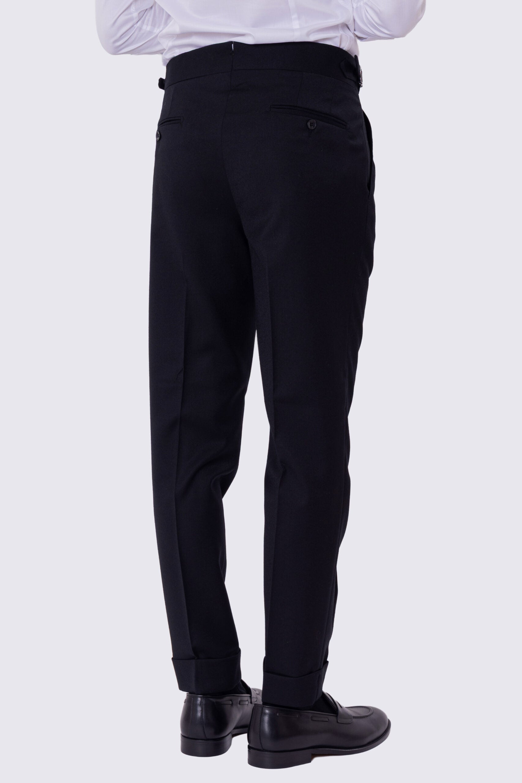 Pantalone uomo blu vita alta con fibbie laterali e doppia pinces tasca america in lana flanella mista 290gr invernale risvolto 5cm made in italy
