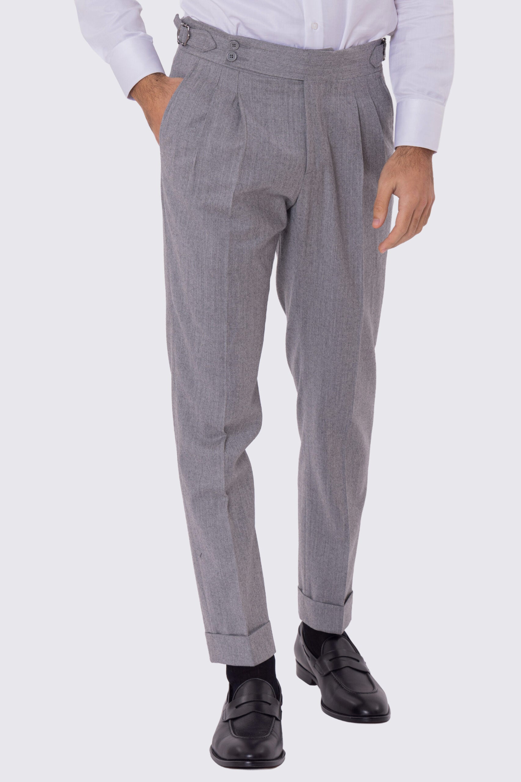 Pantalone uomo grigio vita alta con fibbie laterali e doppia pinces tasca america in lana flanella mista 290gr invernale risvolto 5cm made in italy