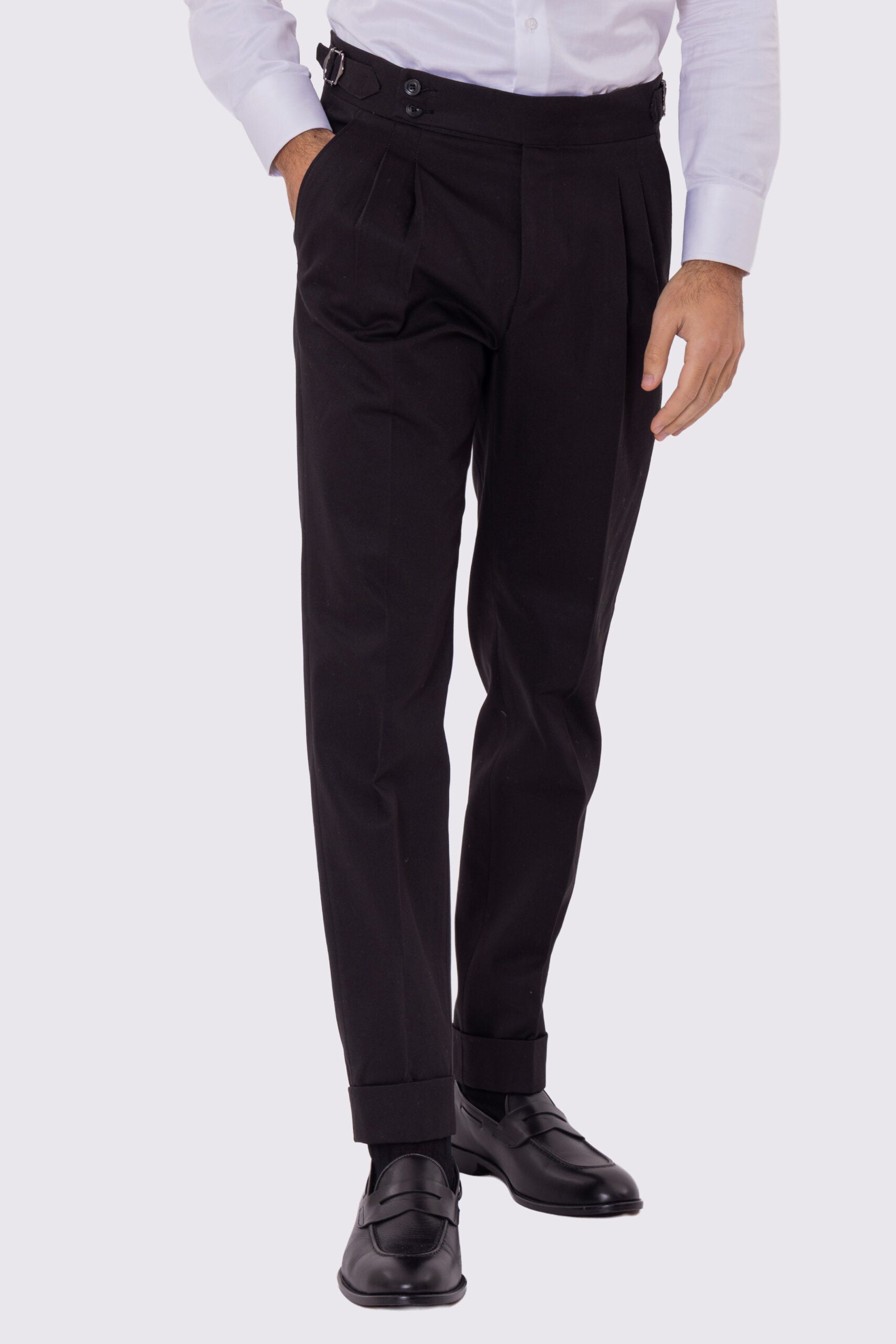 Pantalone uomo Nero vita alta con fibbie laterali e doppia pinces tasca america in lana flanella mista 290gr invernale risvolto 5cm made in italy