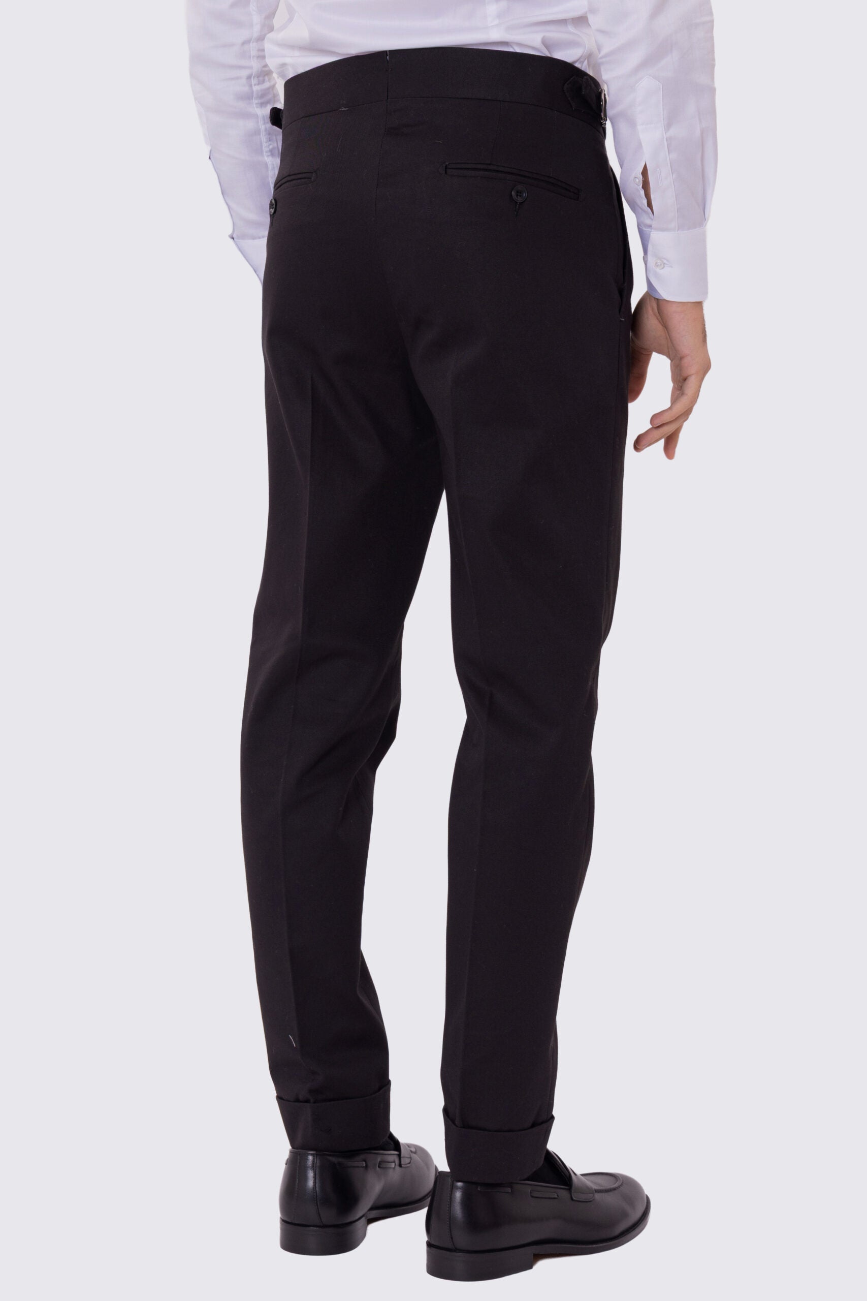 Pantalone uomo Nero vita alta con fibbie laterali e doppia pinces tasca america in lana flanella mista 290gr invernale risvolto 5cm made in italy