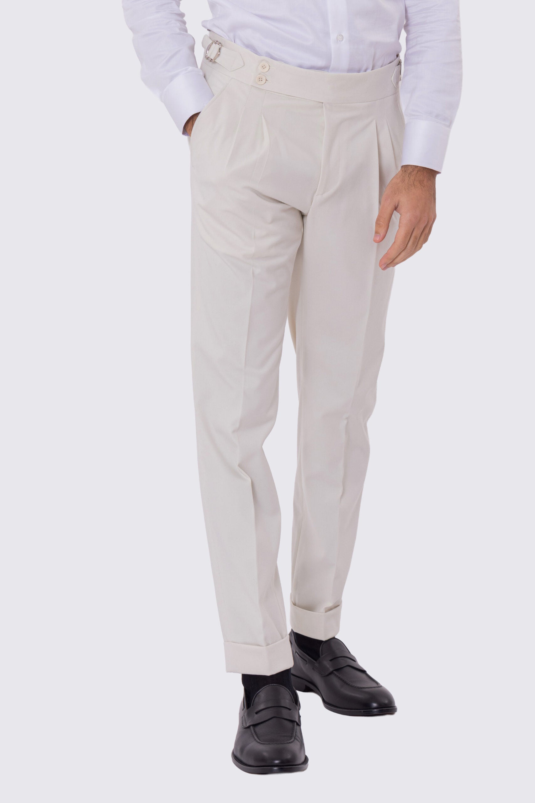 Pantalone uomo Panna vita alta con fibbie laterali e doppia pinces tasca america in lana flanella mista 290gr invernale risvolto 5cm made in italy