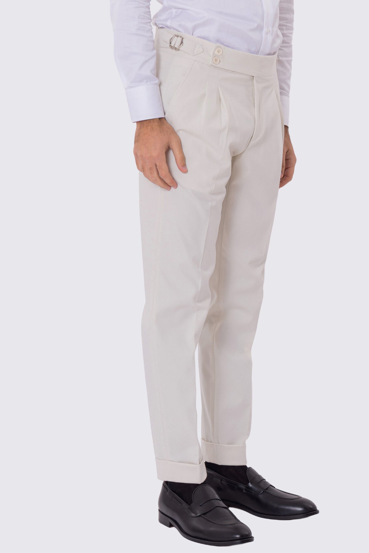 Pantalone uomo Panna vita alta con fibbie laterali e doppia pinces tasca america in lana flanella mista 290gr invernale risvolto 5cm made in italy