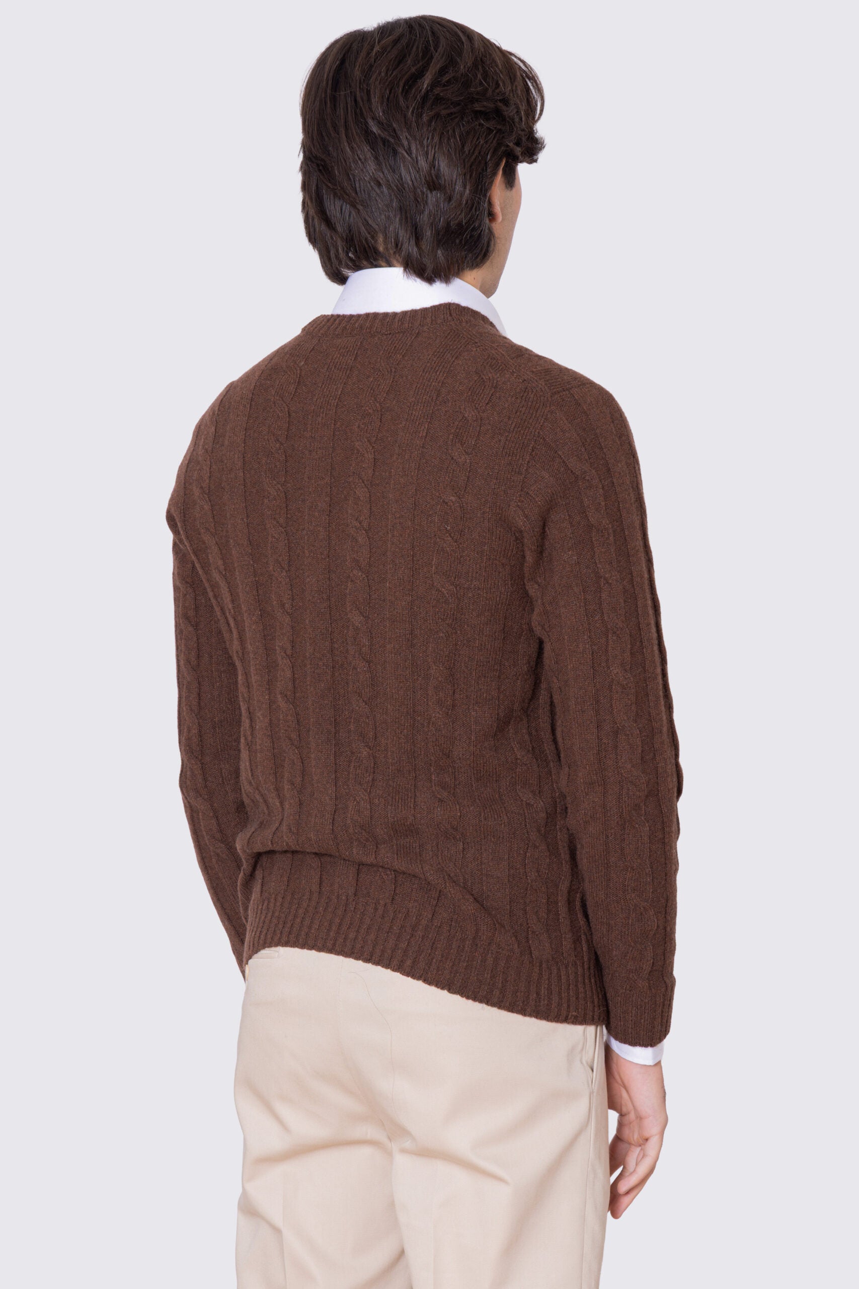 Cardigan Marrone in lana grossa e cashmere 5 bottoni con treccia costruzione tubolare senza cuciture rifinito a mano Finezza 7