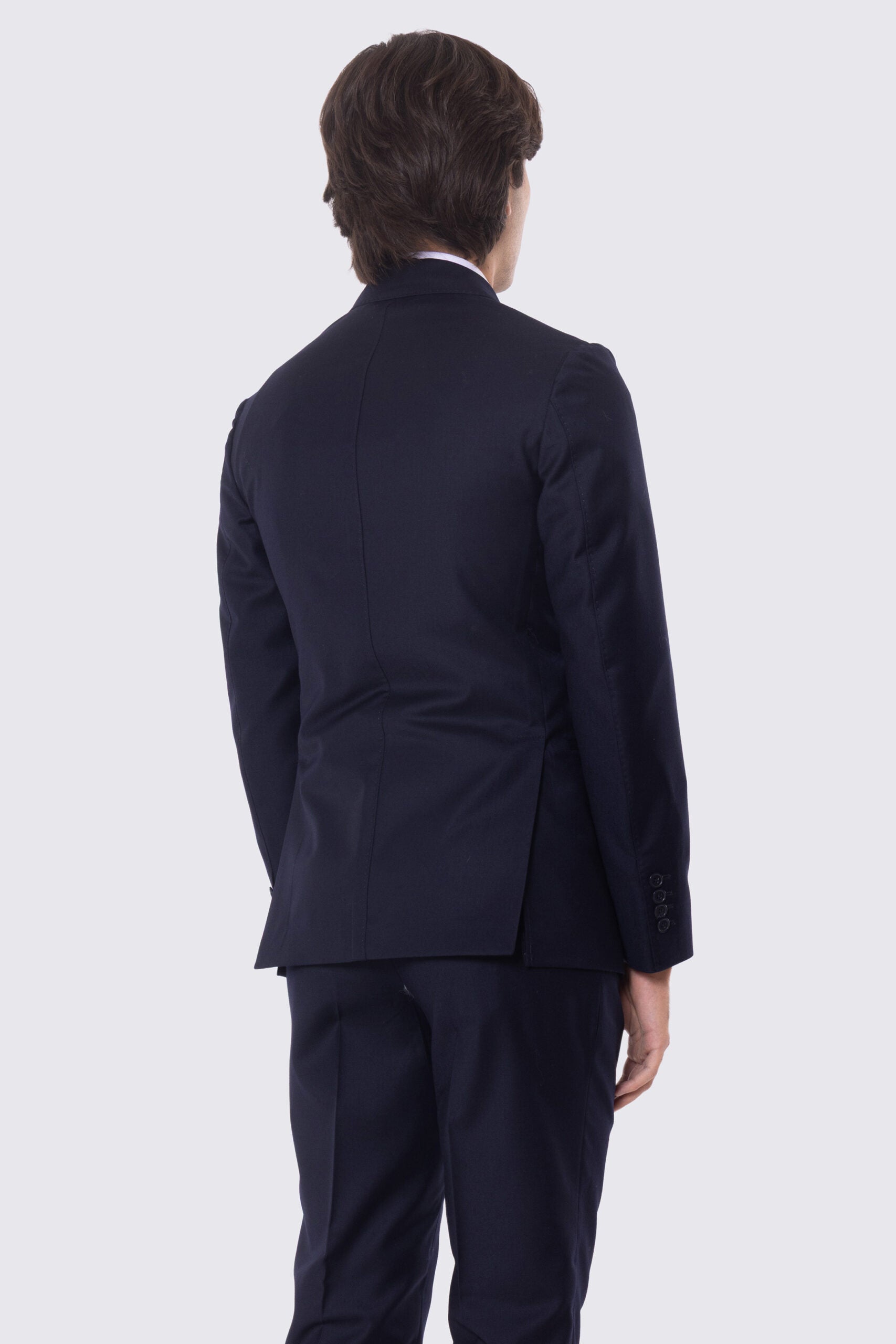 Abito blu notte con giacca monopetto rever a lancia tasche a filo e pantalone vita alta doppia pinces e risvolto 5cm 100% lana Flanella Carillo Drapers