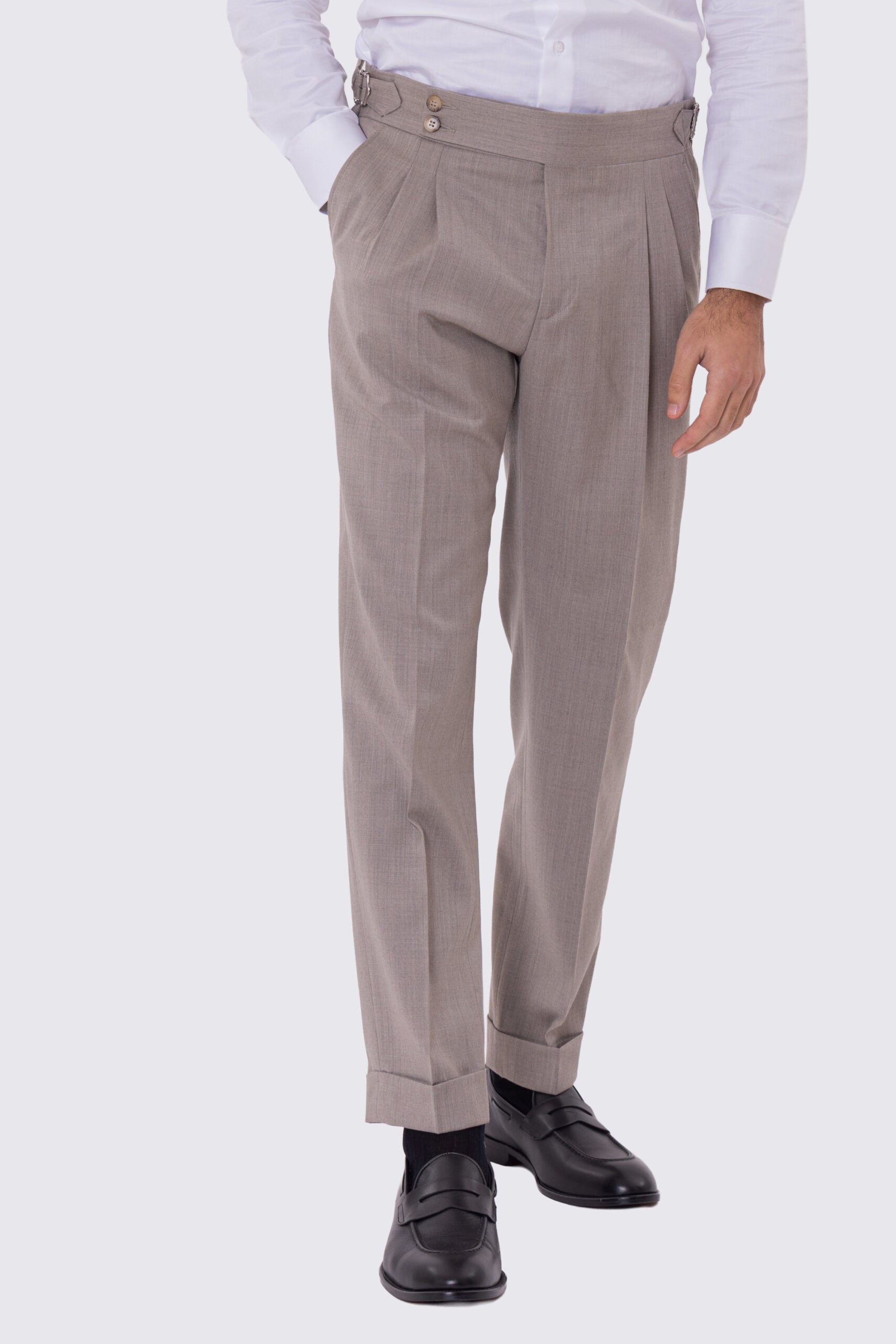 Pantalone uomo Tortora vita alta con fibbie laterali e doppia pinces tasca america in lana flanella mista 290gr invernale risvolto 5cm made in italy