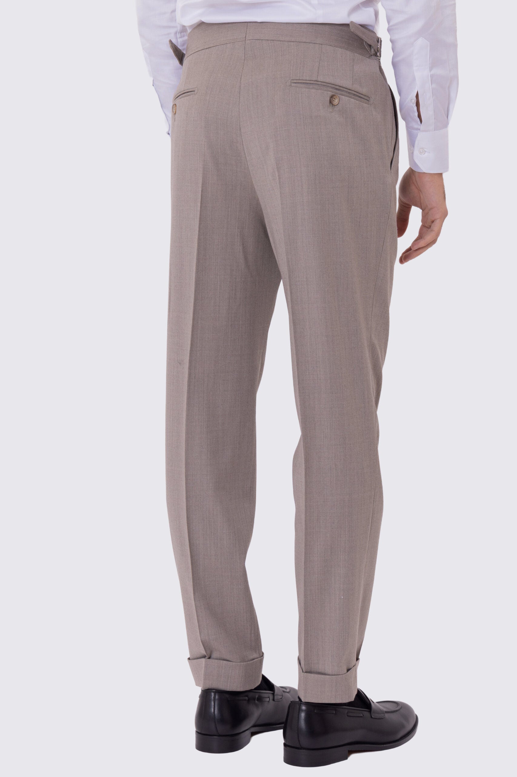 Pantalone uomo Tortora vita alta con fibbie laterali e doppia pinces tasca america in lana flanella mista 290gr invernale risvolto 5cm made in italy