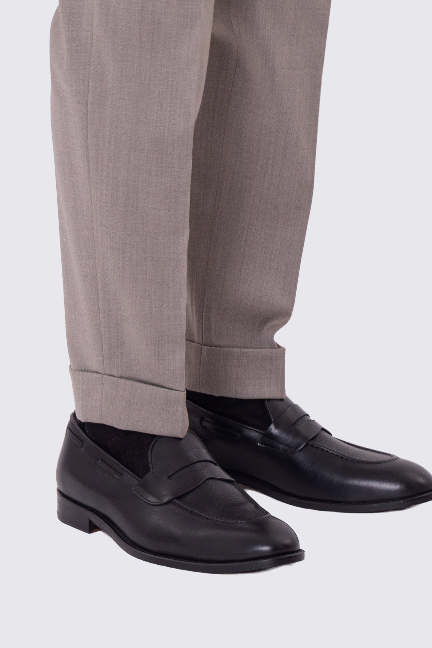 Pantalone uomo Tortora vita alta con fibbie laterali e doppia pinces tasca america in lana flanella mista 290gr invernale risvolto 5cm made in italy