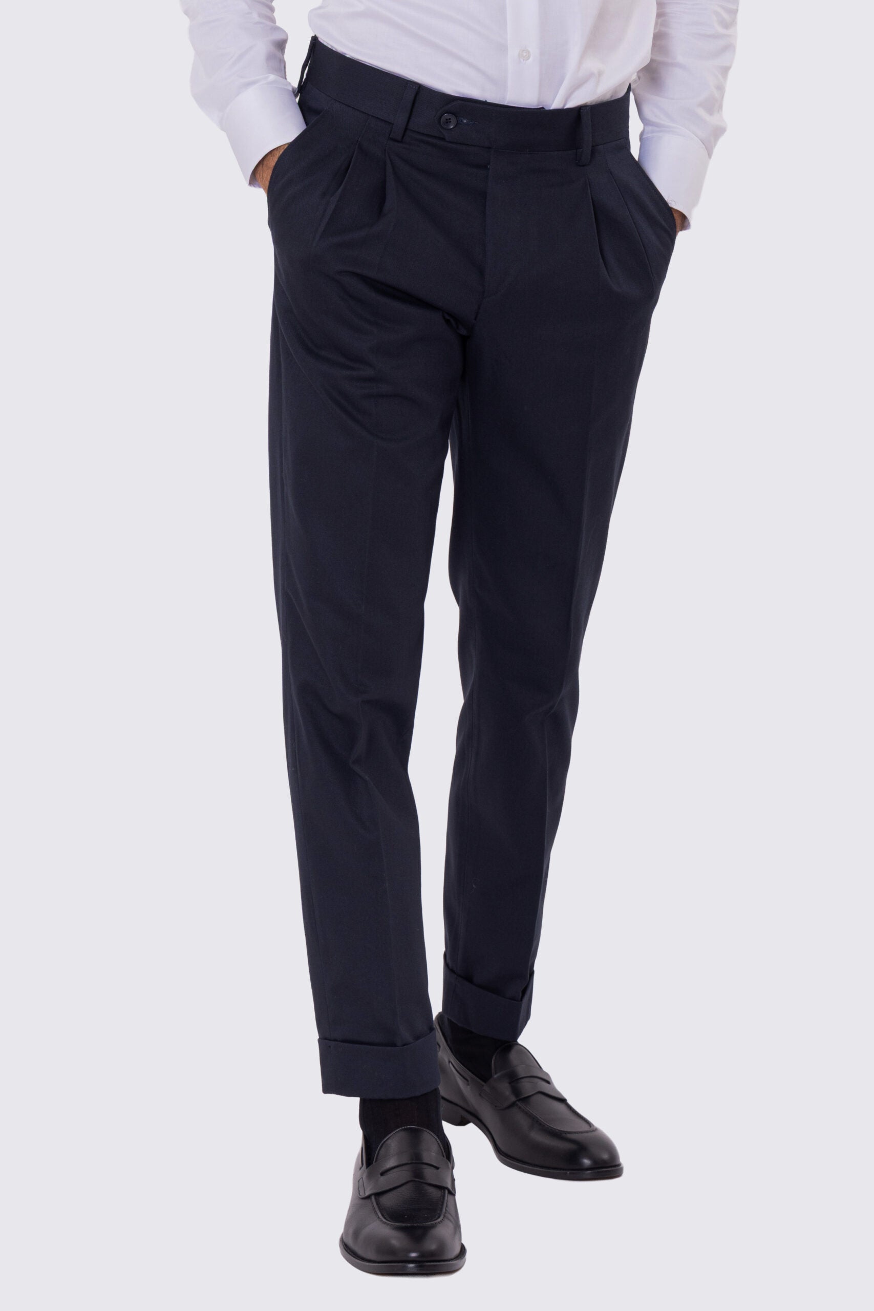 Pantalone uomo Blu vita alta con doppia pinces tasca america in cotone 290gr invernale risvolto 5cm made in italy