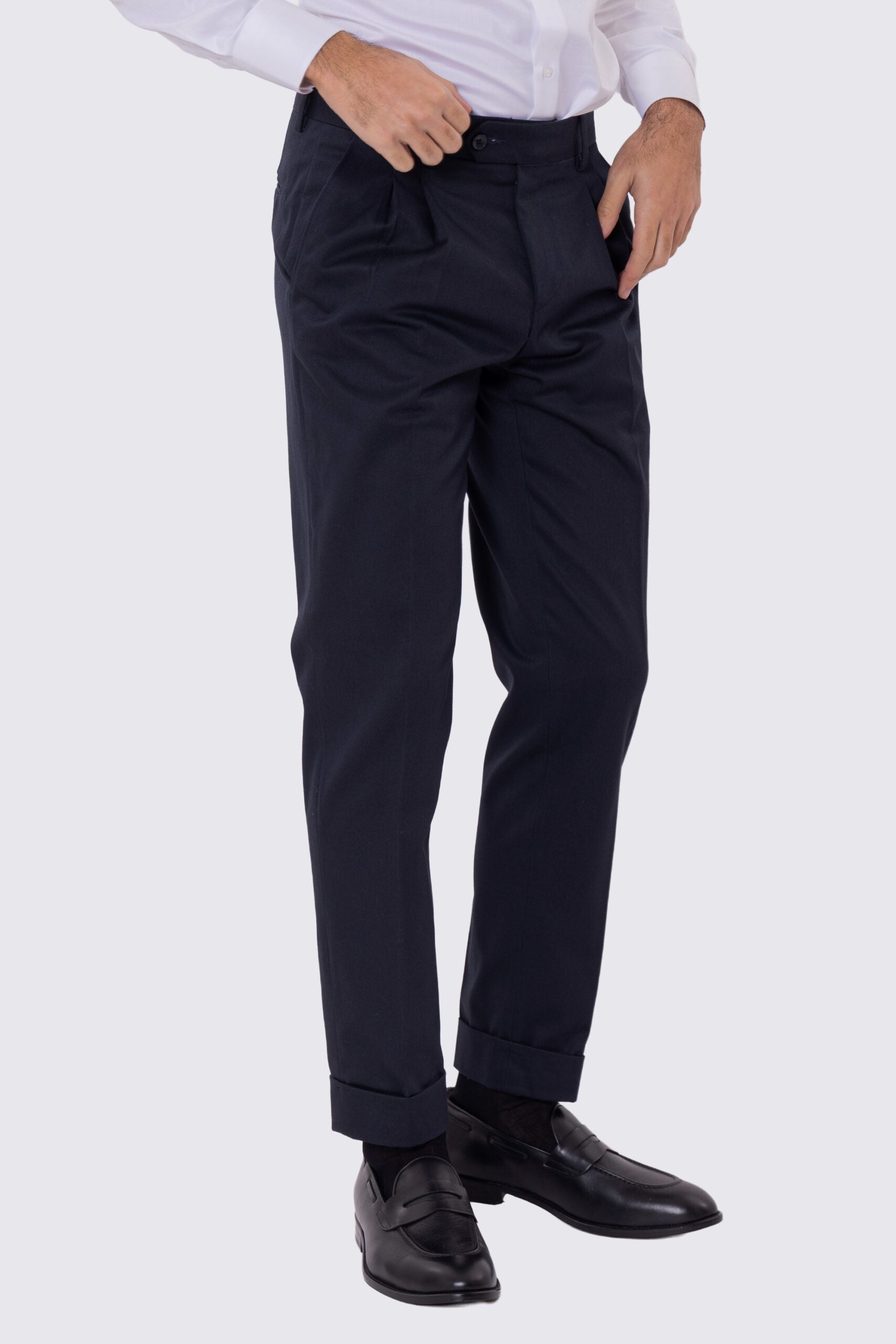 Pantalone uomo Blu vita alta con doppia pinces tasca america in cotone 290gr invernale risvolto 5cm made in italy