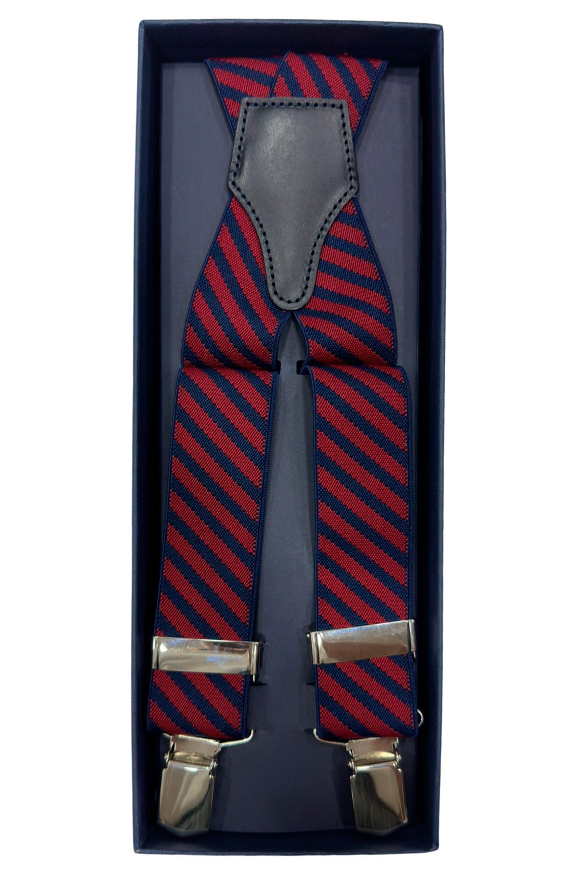 Bretelle da uomo Blu riga rossa Elasticizzate 3,5 cm regolabili con chiusura pinze argento