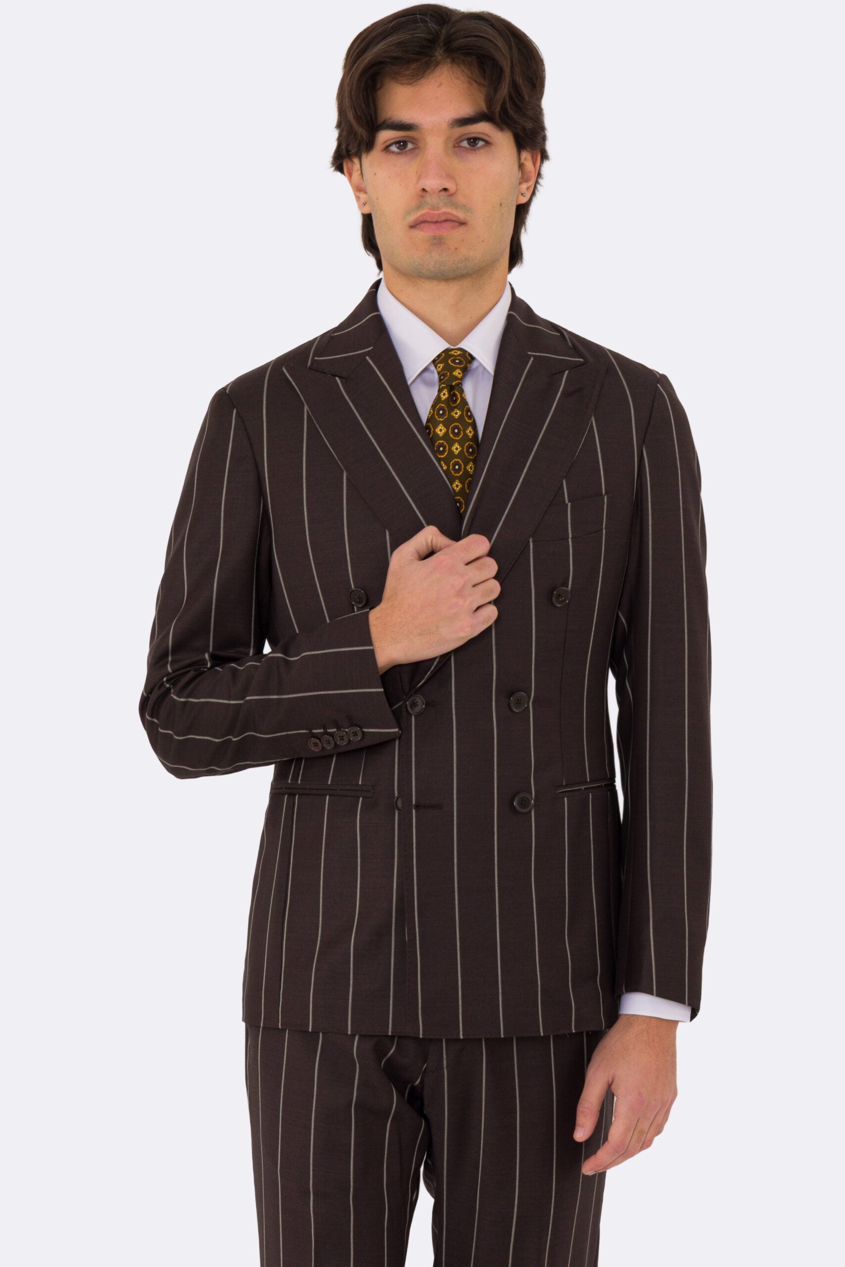 Abito uomo Doppiopetto marrone gessato bianco fresco lana super 150's Tessuti bristol napoli completamente sfoderato con Rever a lancia e tasche a filetto