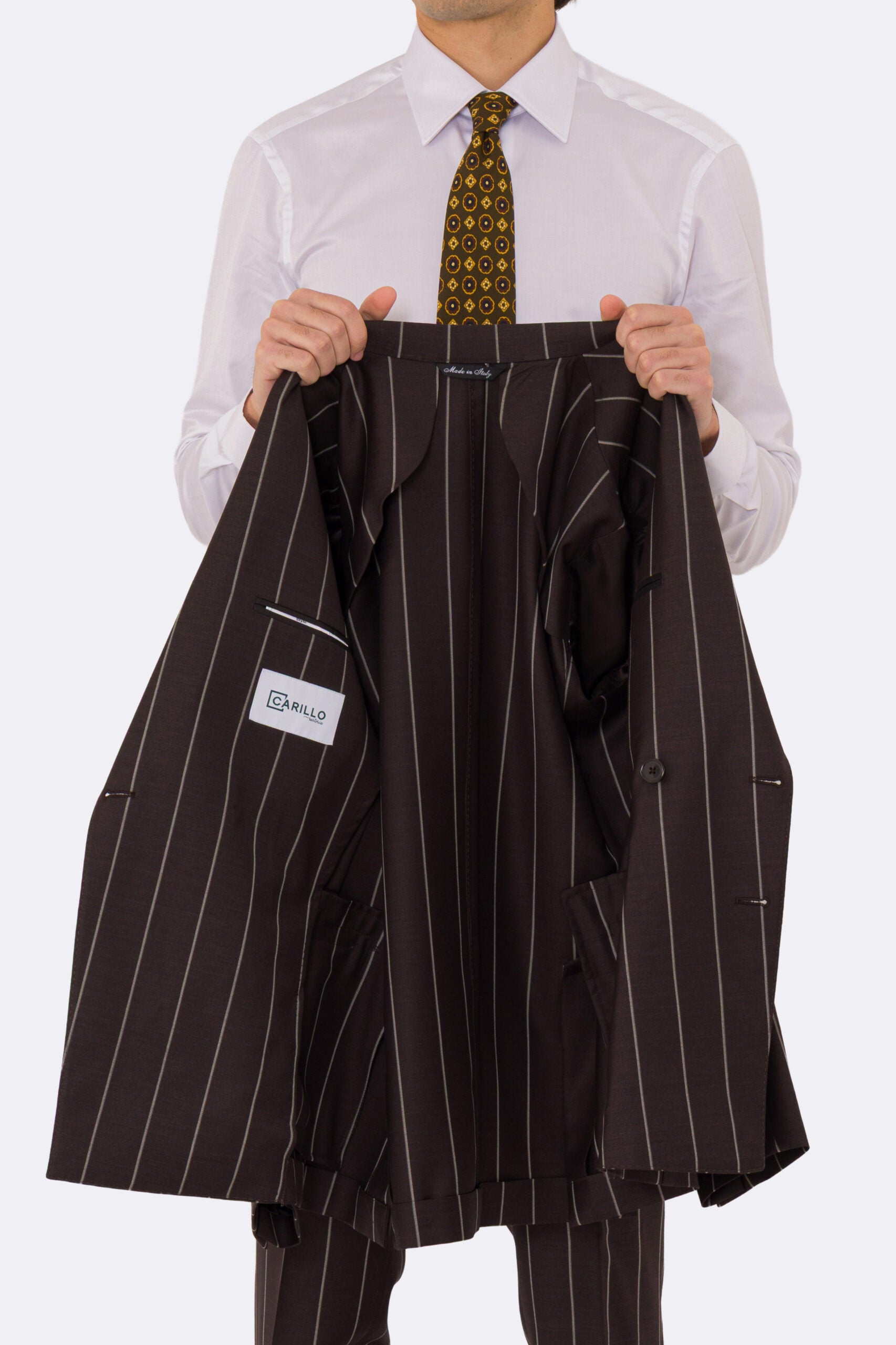 Abito uomo Doppiopetto marrone gessato bianco fresco lana super 150's Tessuti bristol napoli completamente sfoderato con Rever a lancia e tasche a filetto