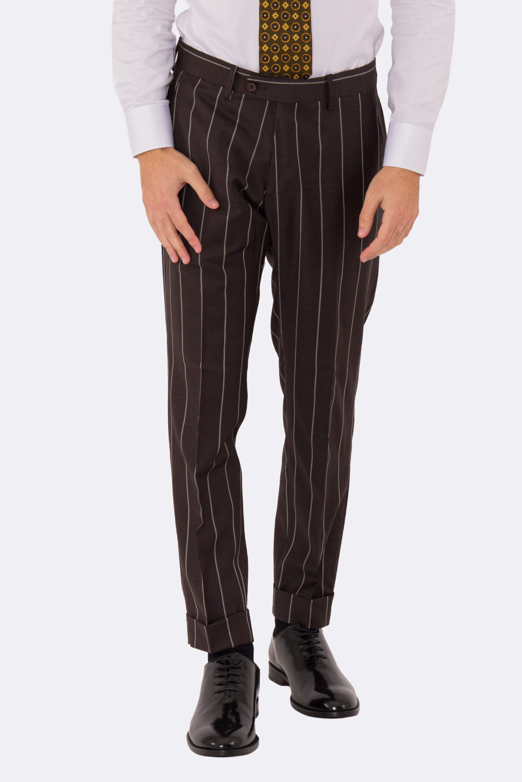 Abito uomo Doppiopetto marrone gessato bianco fresco lana super 150's Tessuti bristol napoli completamente sfoderato con Rever a lancia e tasche a filetto