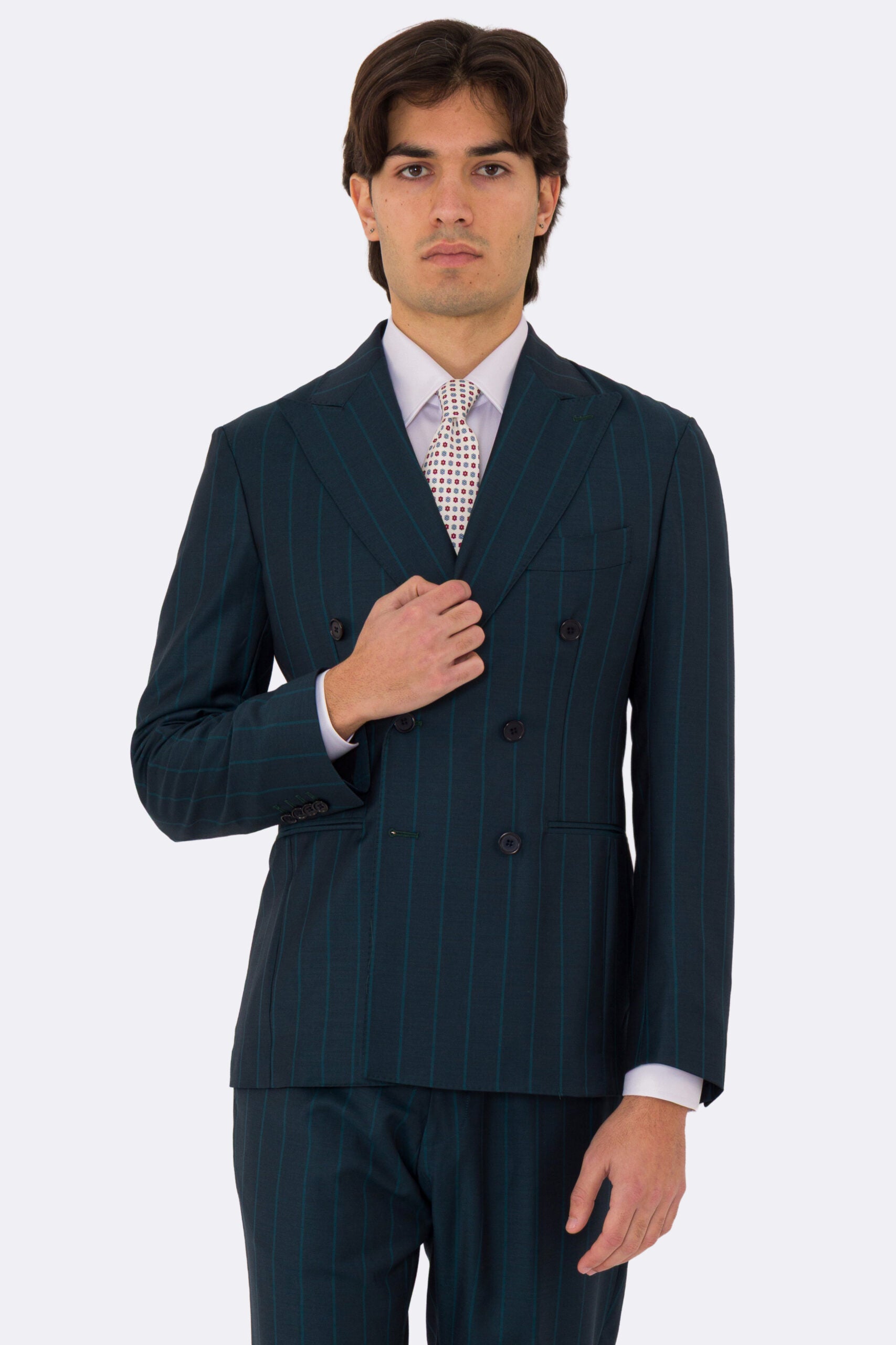 Abito uomo Doppiopetto ottanio gessato verde fresco lana super 150's Tessuti bristol napoli completamente sfoderato con Rever a lancia e tasche a filetto