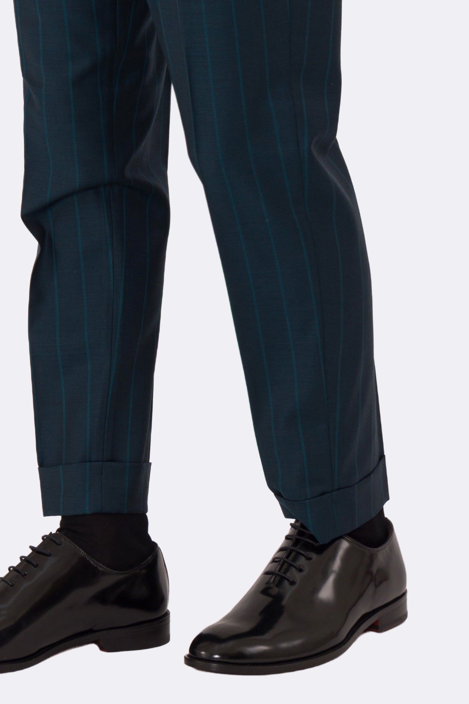 Abito uomo Doppiopetto ottanio gessato verde fresco lana super 150's Tessuti bristol napoli completamente sfoderato con Rever a lancia e tasche a filetto