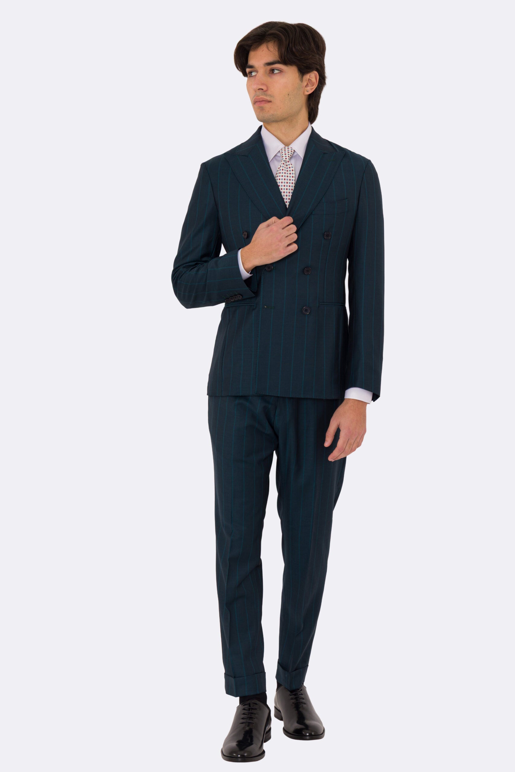 Abito uomo Doppiopetto ottanio gessato verde fresco lana super 150's Tessuti bristol napoli completamente sfoderato con Rever a lancia e tasche a filetto