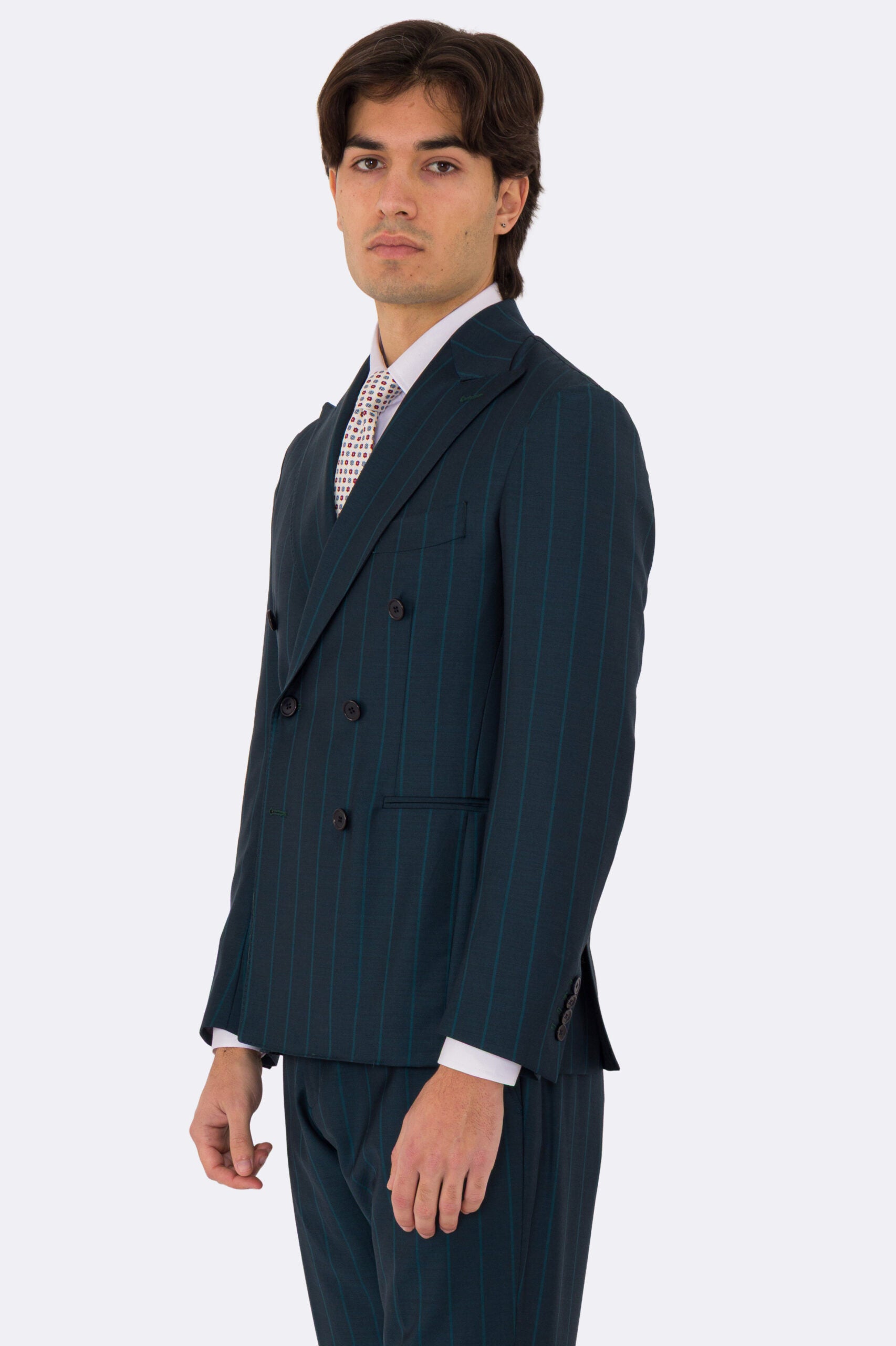 Abito uomo Doppiopetto ottanio gessato verde fresco lana super 150's Tessuti bristol napoli completamente sfoderato con Rever a lancia e tasche a filetto