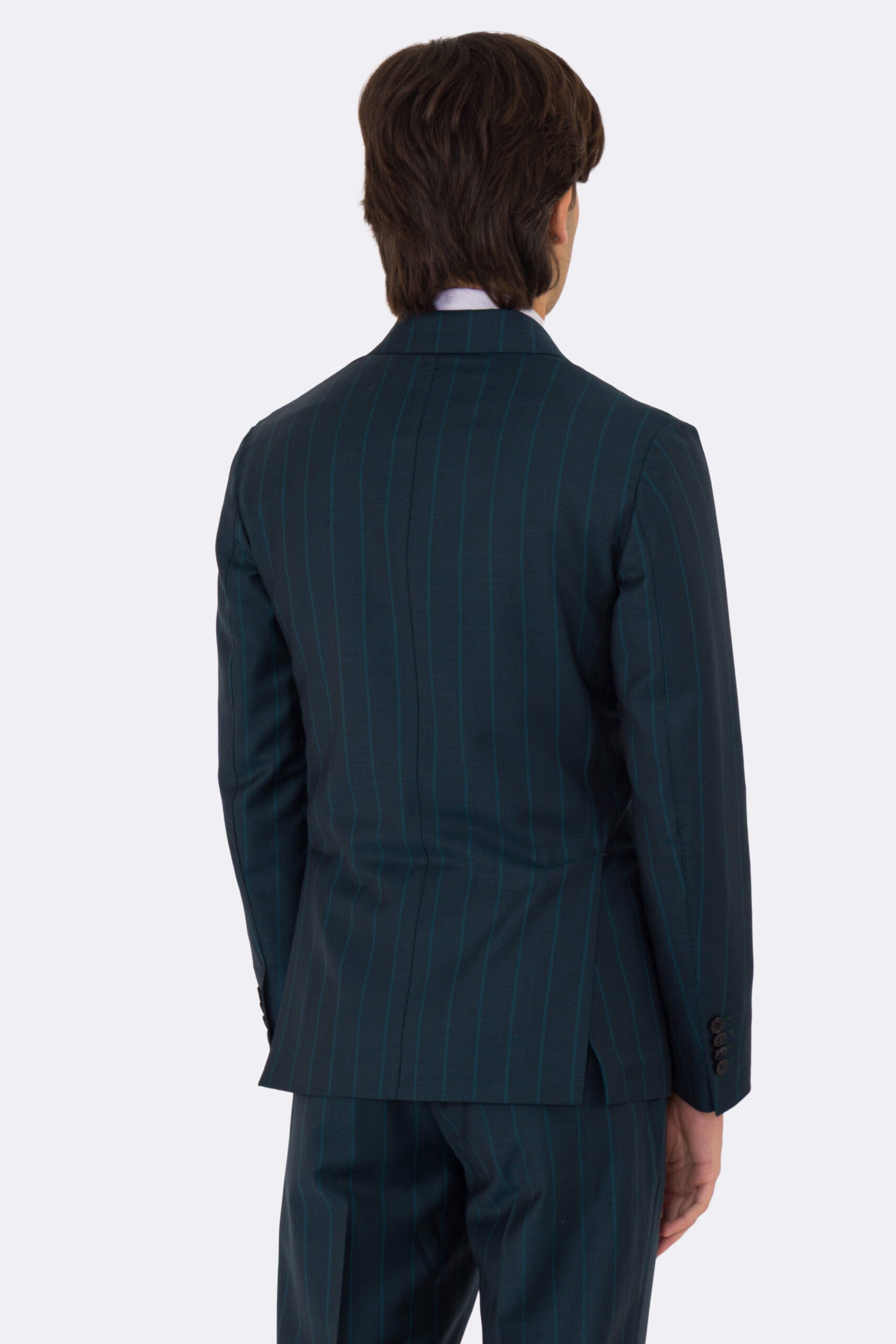 Abito uomo Doppiopetto ottanio gessato verde fresco lana super 150's Tessuti bristol napoli completamente sfoderato con Rever a lancia e tasche a filetto