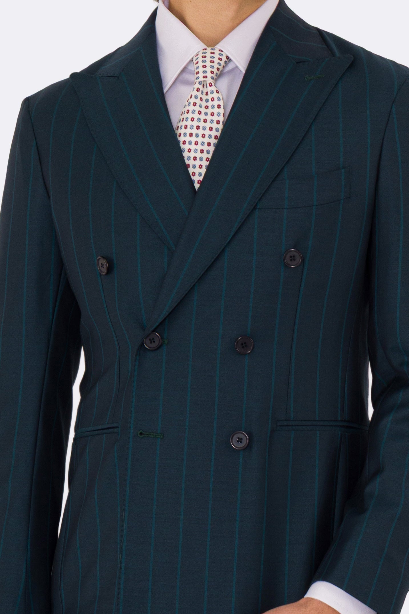 Abito uomo Doppiopetto ottanio gessato verde fresco lana super 150's Tessuti bristol napoli completamente sfoderato con Rever a lancia e tasche a filetto