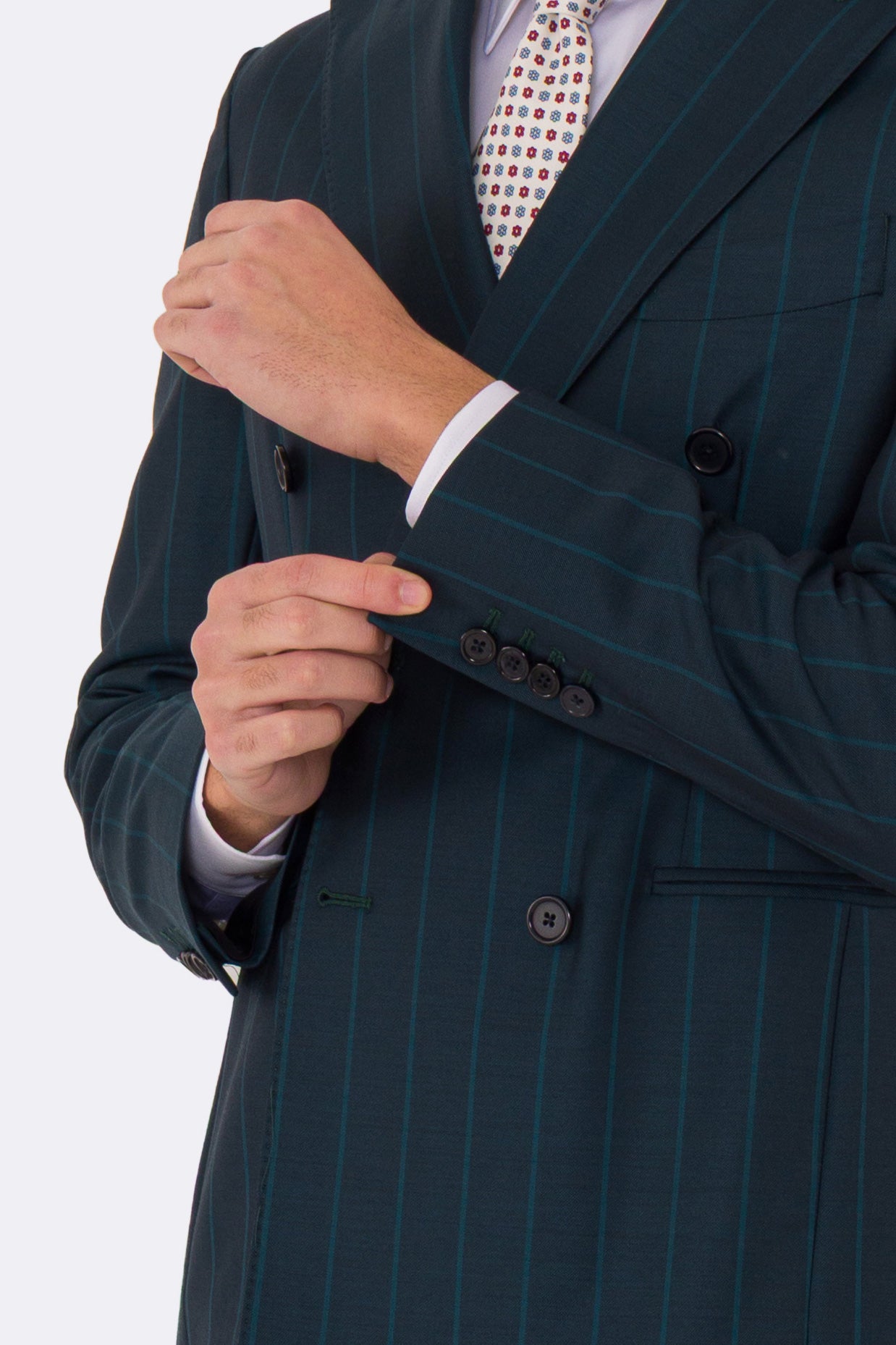 Abito uomo Doppiopetto ottanio gessato verde fresco lana super 150's Tessuti bristol napoli completamente sfoderato con Rever a lancia e tasche a filetto