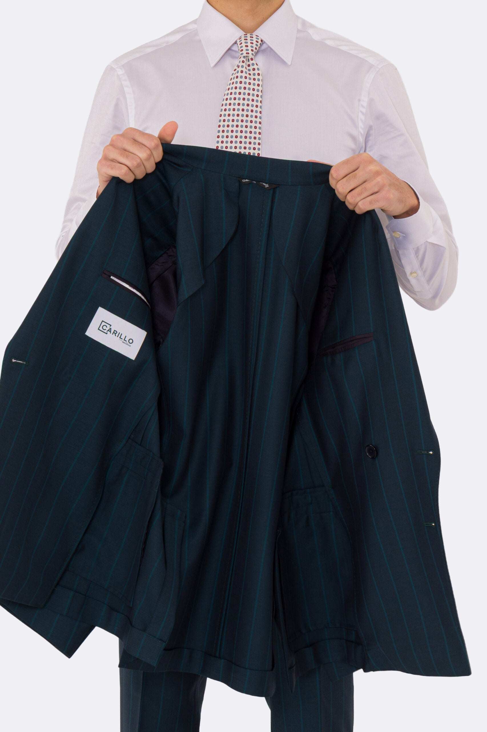 Abito uomo Doppiopetto ottanio gessato verde fresco lana super 150's Tessuti bristol napoli completamente sfoderato con Rever a lancia e tasche a filetto