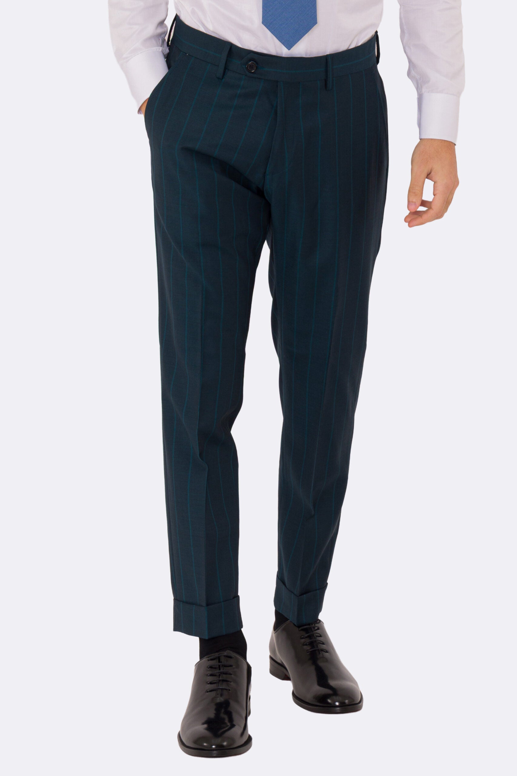 Abito uomo Doppiopetto ottanio gessato verde fresco lana super 150's Tessuti bristol napoli completamente sfoderato con Rever a lancia e tasche a filetto