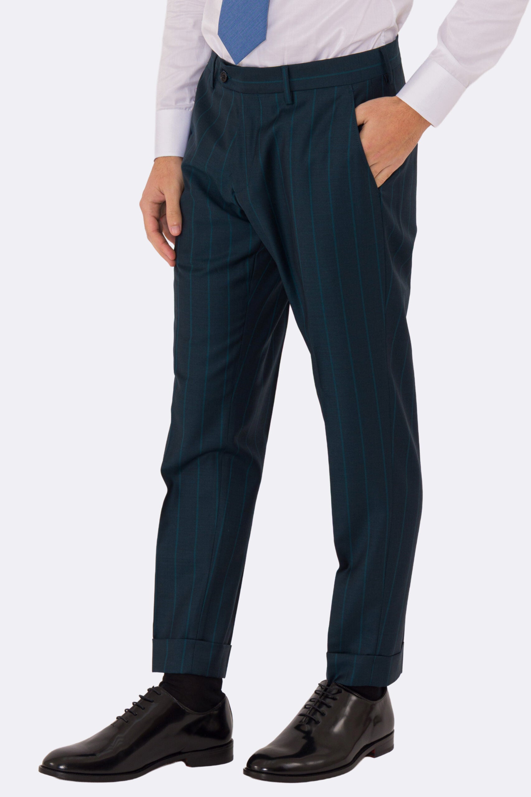 Abito uomo Doppiopetto ottanio gessato verde fresco lana super 150's Tessuti bristol napoli completamente sfoderato con Rever a lancia e tasche a filetto