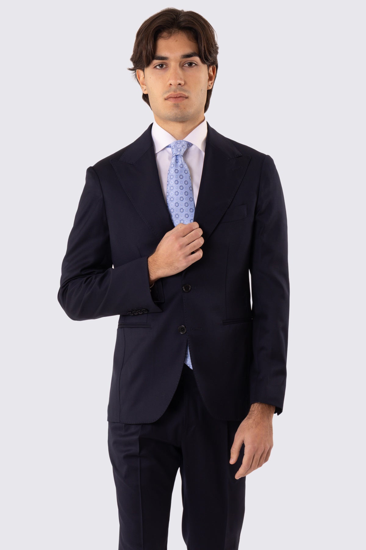 Abito uomo Monopetto blu notte fresco lana super 110's Tessuti in esclusiva Sartoria Carillo completamente sfoderato con Rever a lancia e tasche a filetto