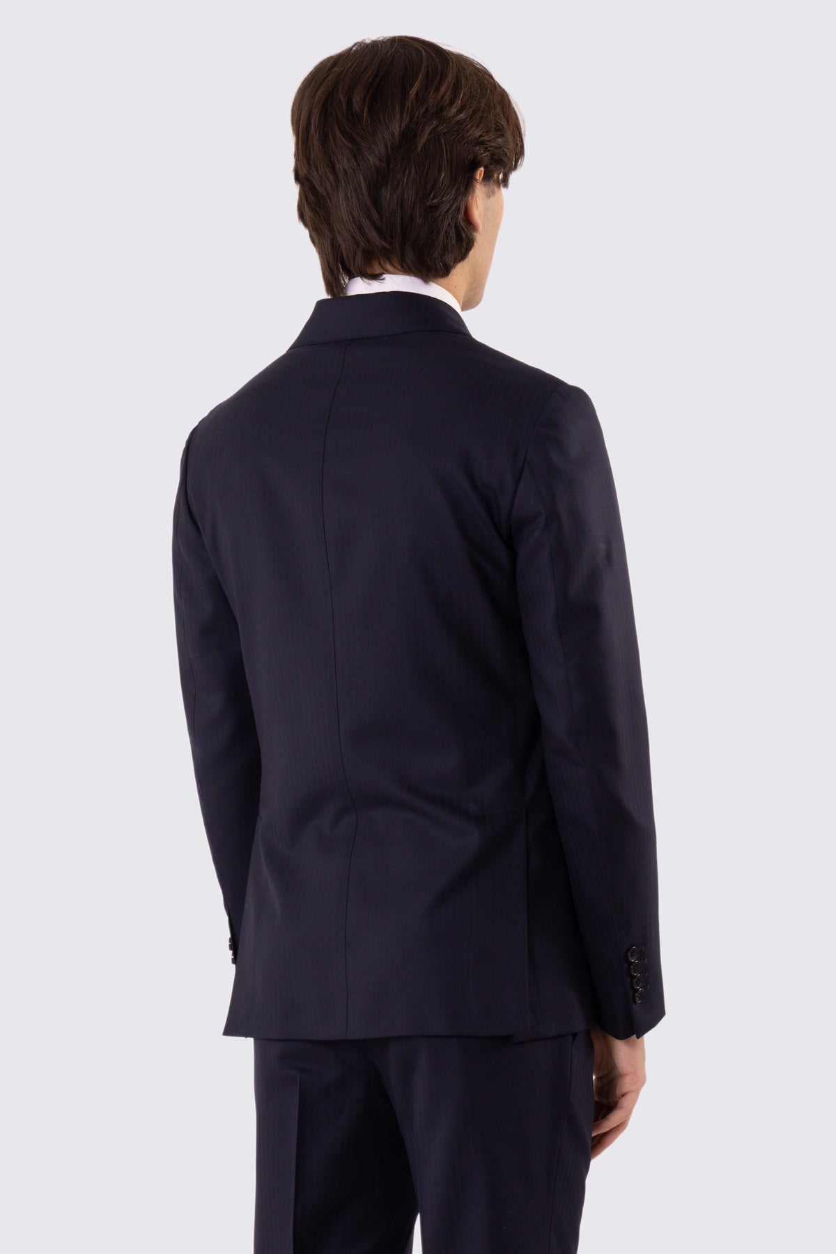 Abito uomo Monopetto Blu spigato fresco lana super 150's Tessuti in esclusiva Sartoria Carillo completamente sfoderato con Rever a lancia e tasche a filetto